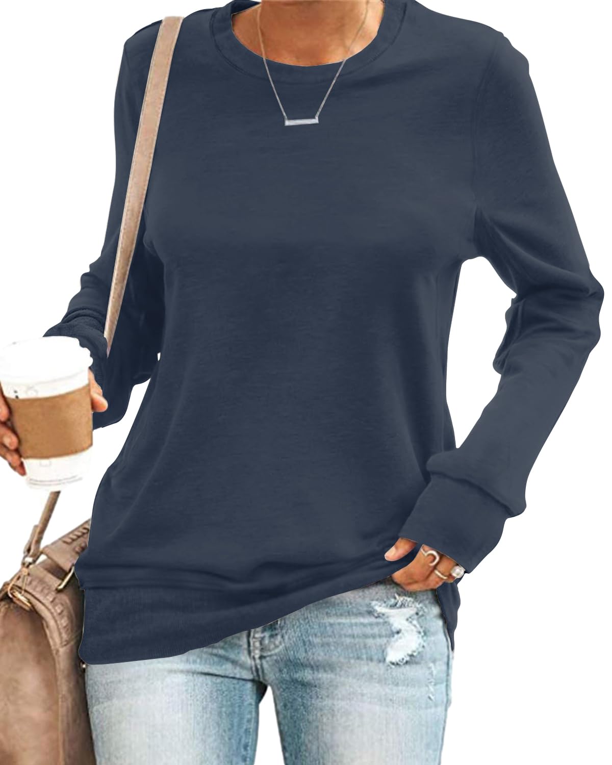 SENSERISE Womens Casual Crewneck Sweatshirt Long Sleeve Solid Color Shirt Soft Lightweight Loose Top