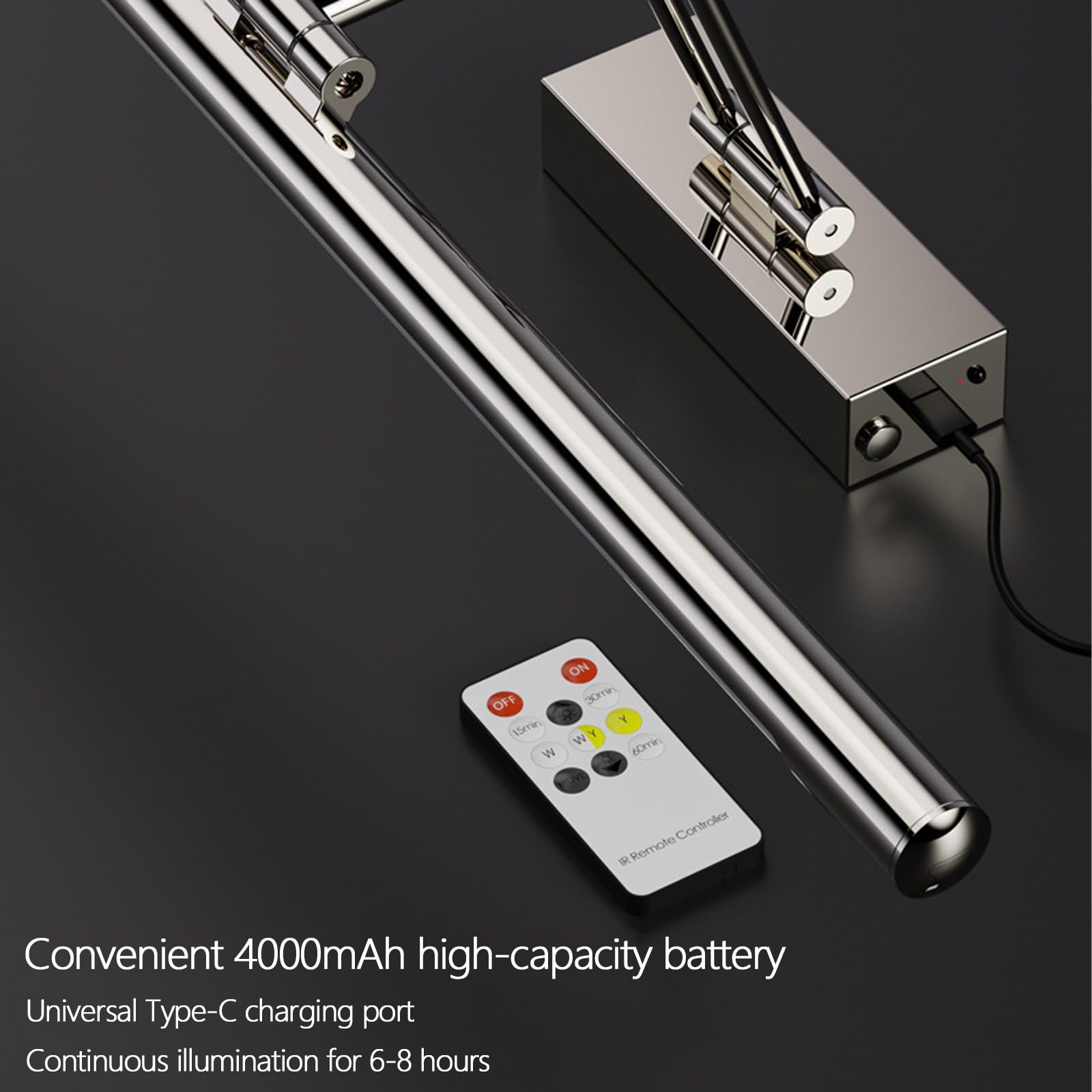 LED Bagno Specchio Lampada da Parete con Telecomando Dimmerabile Luce da Parete USB Ricaricabile Rotazione Applique da Parete con Tattile Controllo Interruttore per Soggiorno (Argentato,40cm)