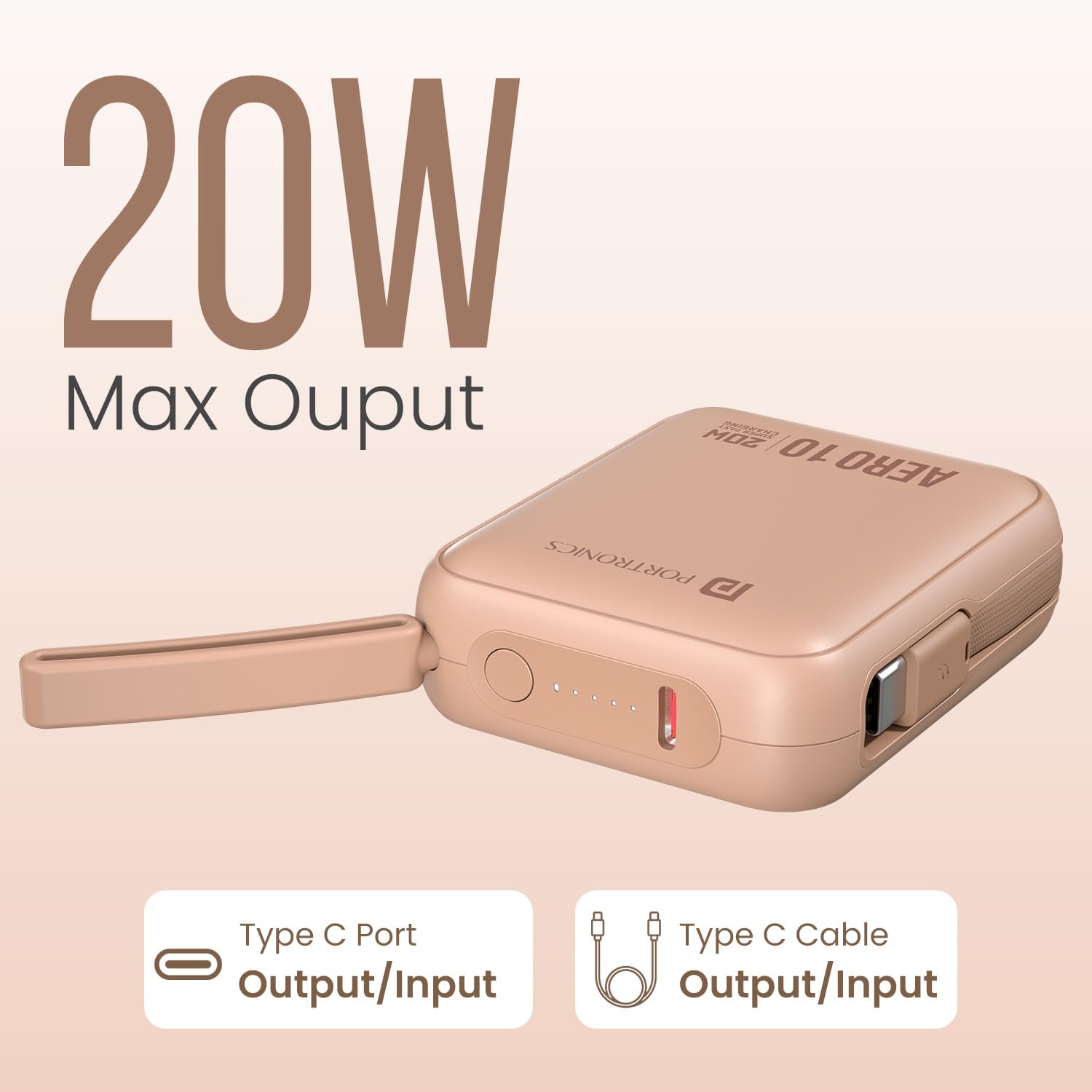 Portronics Aero 10 10000 mAh 20W Fast Charging Mini Power Bank with Detachable Type C Cable, Type C PD Input/Output Port, LED Indicator, Wake Up Button, Strong Lanyard, Light Weight (Mocha) — Amazon image 2