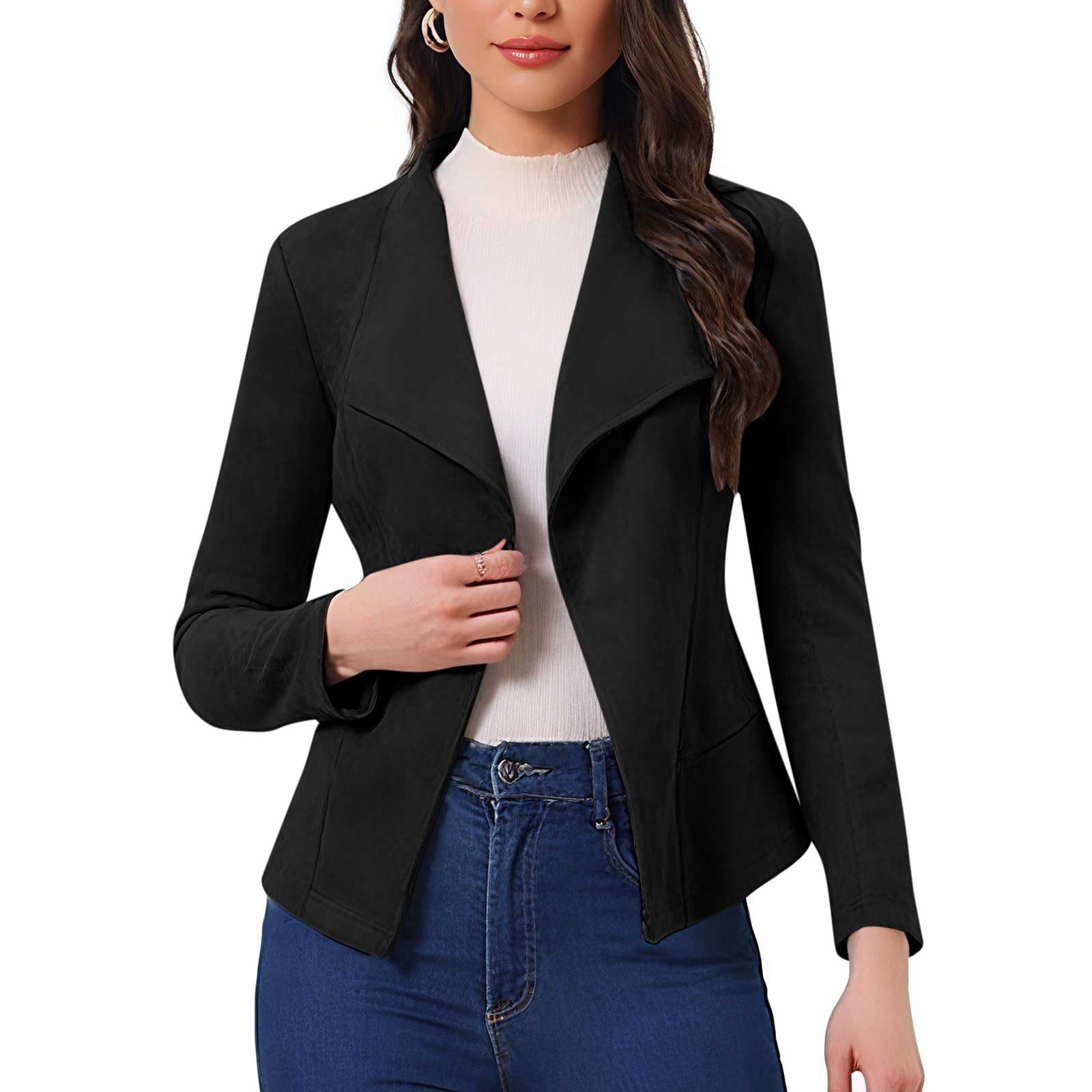 Faux Suede Blazer for Women Lapel Collar Front Open Long Sleeve Crop Jacket Casual Loose Fit Office Wear