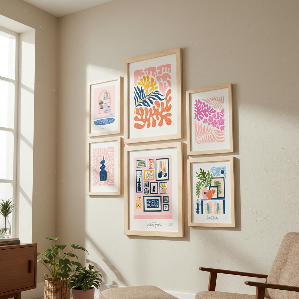 Nacnic Set mit 6 minimalistischen Postern in Pastellfarben. Süßes Zuhause. Drucke von Landschaften und Natur für Innenarchitektur und Dekoration. A3 & A4 Holzfarbe Rahmen.