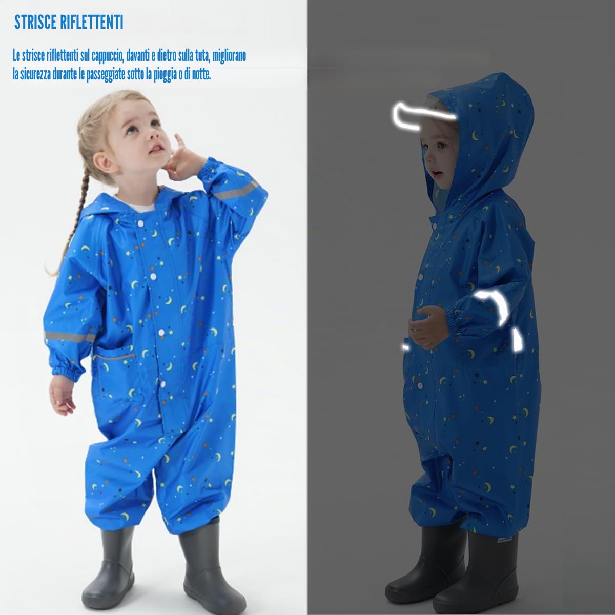 Fewlby Tuta Impermeabile Bambini, Tuta Pioggia Bambina Antipioggia con Cappuccio Poncho Impermeabile Ragazze Ragazzi Giacche da Pioggia con Cappello Trasparente per 1-10 Anni