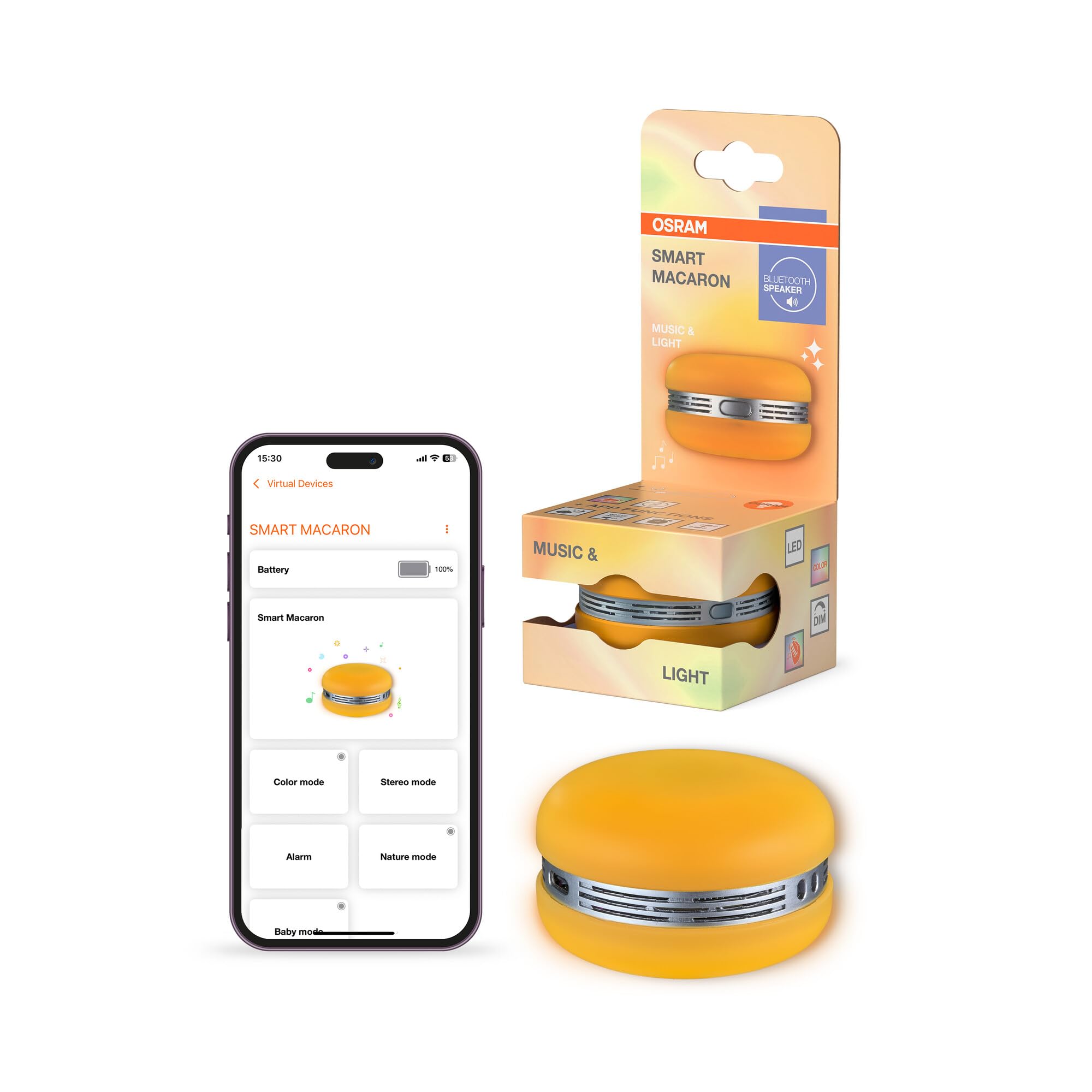Osram Smart Macaron, Bluetooth-Lautsprecher mit Dreh-Farblicht, Musik-Sync & App-Timer – 3 Modi, Stereo-Pairing, Orange