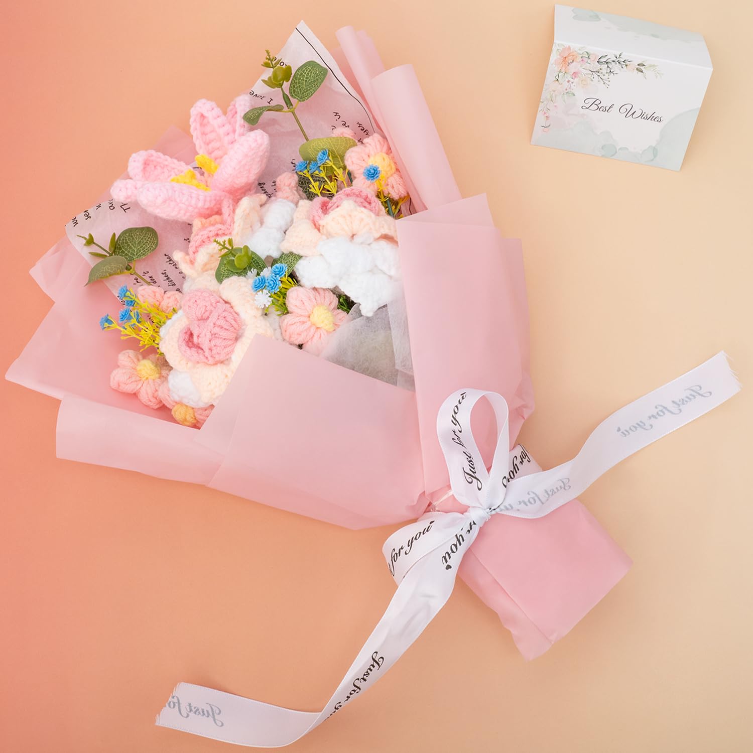 Bouquet di rose intrecciate a mano, Bouquet di fiori all'uncinetto artificiali, Adatto per la laurea, matrimoni, compleanni, festa della mamma - Incluso sacchetto regalo e biglietto