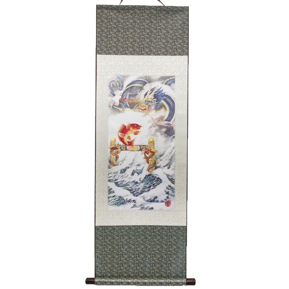 lachineuse - Kakemono drzwi smoka skaczące karpia – ozdoba na ścianę – japońska dekoracja do zawieszenia – 120 x 38 cm – symbol sukcesu – japoński obraz – kolor szary – pomysł na prezent Japonia