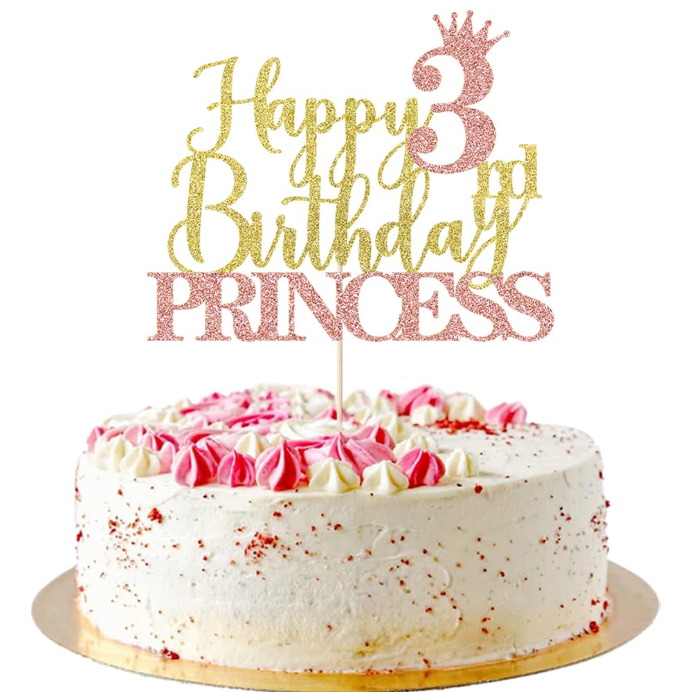 AROKIPPRY Princess 3rd Birthday Cake Topper - Crown Girl baby shower, Gender reveal,girls 3rd birthday party decoration supplies Pink & Gold Glitter โ image 1