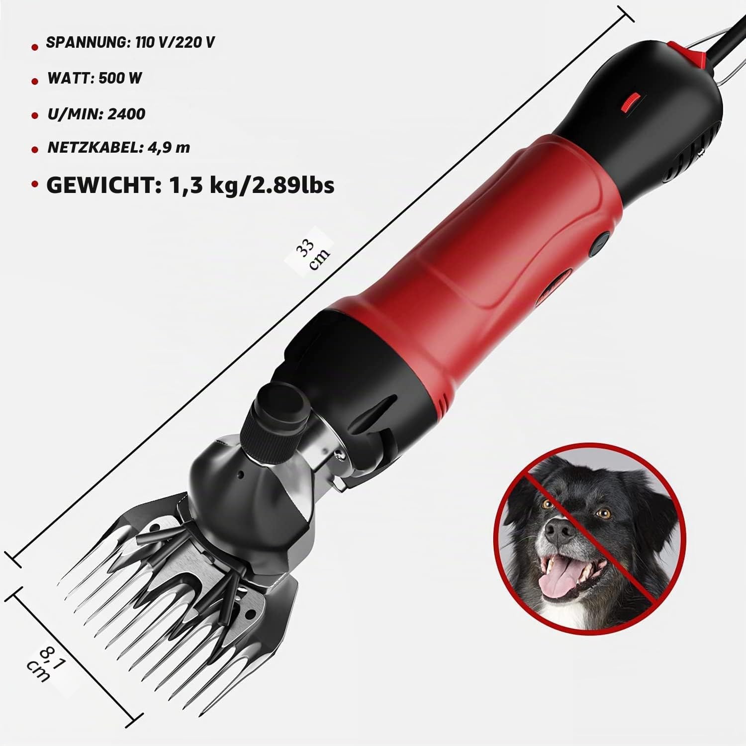 Schafschere 500W, Professionelle elektrische Schafschere, Viehpflege-Set, 6-stufige elektrische Hochleistungsschere für Tiere mit dickem Fell,Schafe Alpakas Ziegen