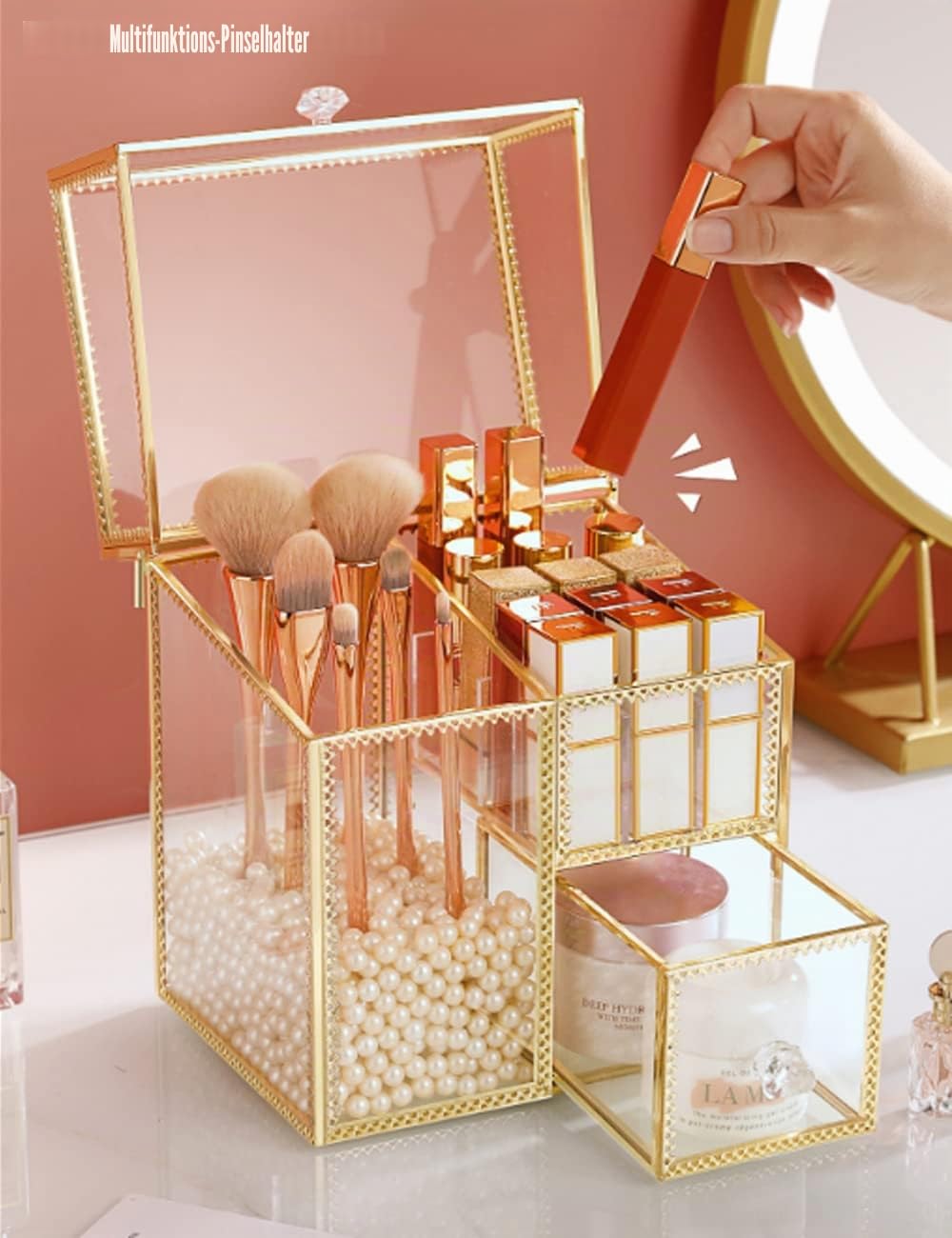 YUEHUA Multifunktionaler Make up Pinselhalter Vintage Klarglas Kosmetikpinsel Organizer zur Aufbewahrung von Parfüm, Nagellack, Lippenstiften, Gesichtscreme, Make up Pinseln