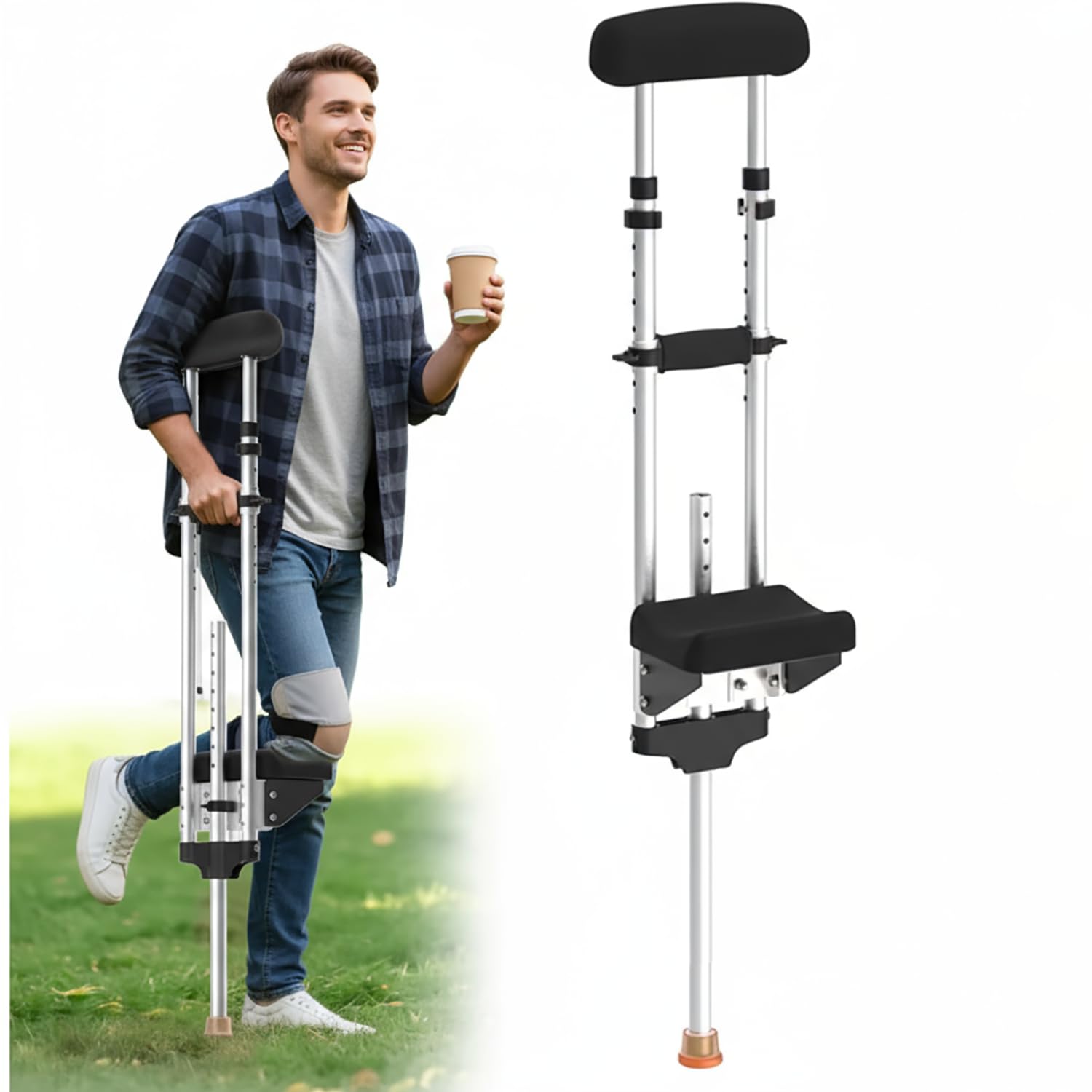 Adjustable Knee Support Crutch, No-Slip Kneepad & Ergonomic Handle, Lightweight Aluminum Mobility Aid for Broken Ankle, Foot Surgery Recovery