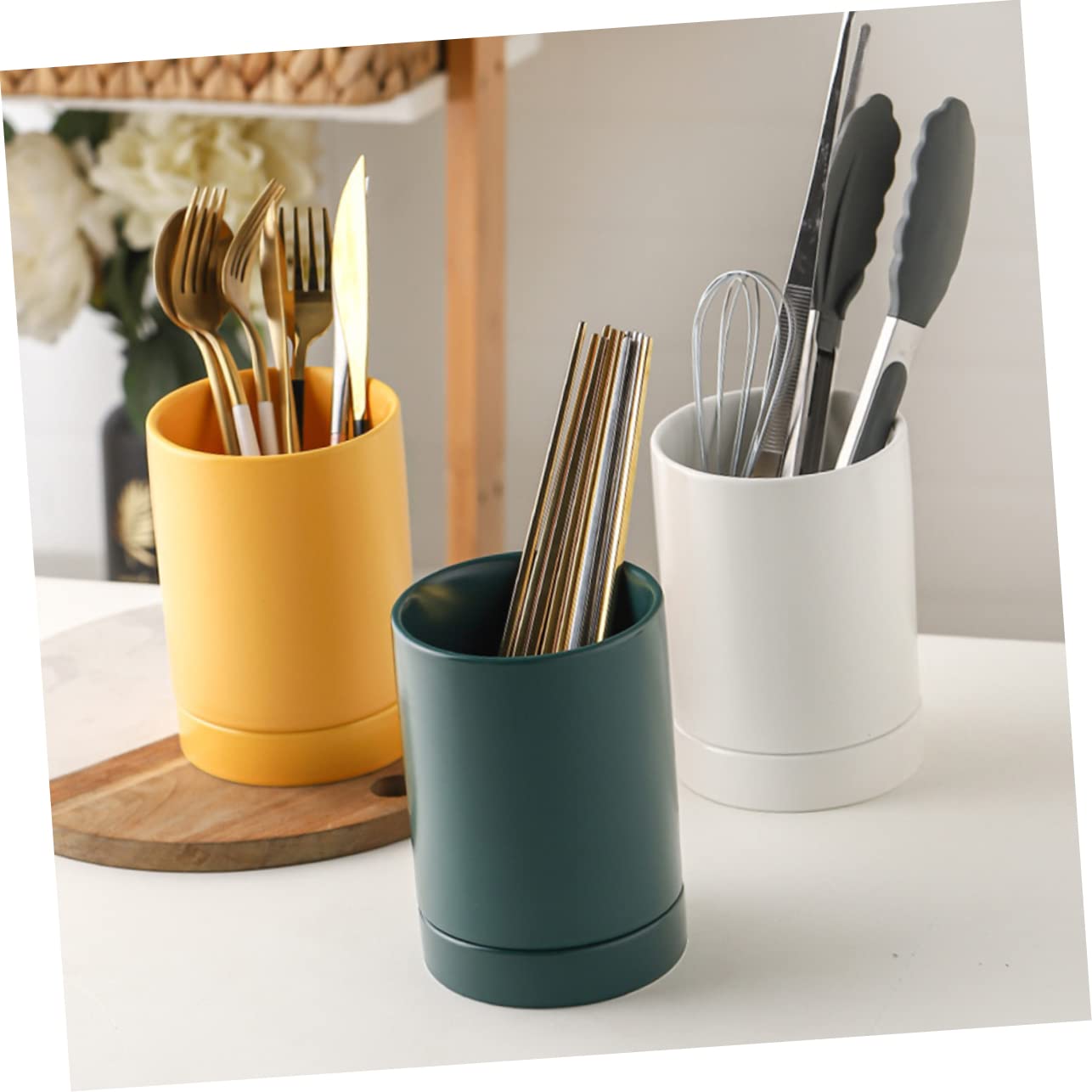 Cabilock Ceramic Utensil Holder Chopstick Organizer Drain Kitchen Organiser for Spoons Forks Spatulas, Yellow, 10.3X14.4CM - Image 2
