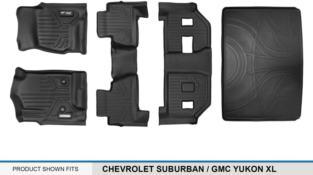 MAX LINER - A0136/B0221/C0166/E0159 Floor Mats 3 Rows and Cargo Liner Behind 3rd Row Set Black for 2015-2018 Suburban / Yukon XL (with 2nd Row Bench Seat)
