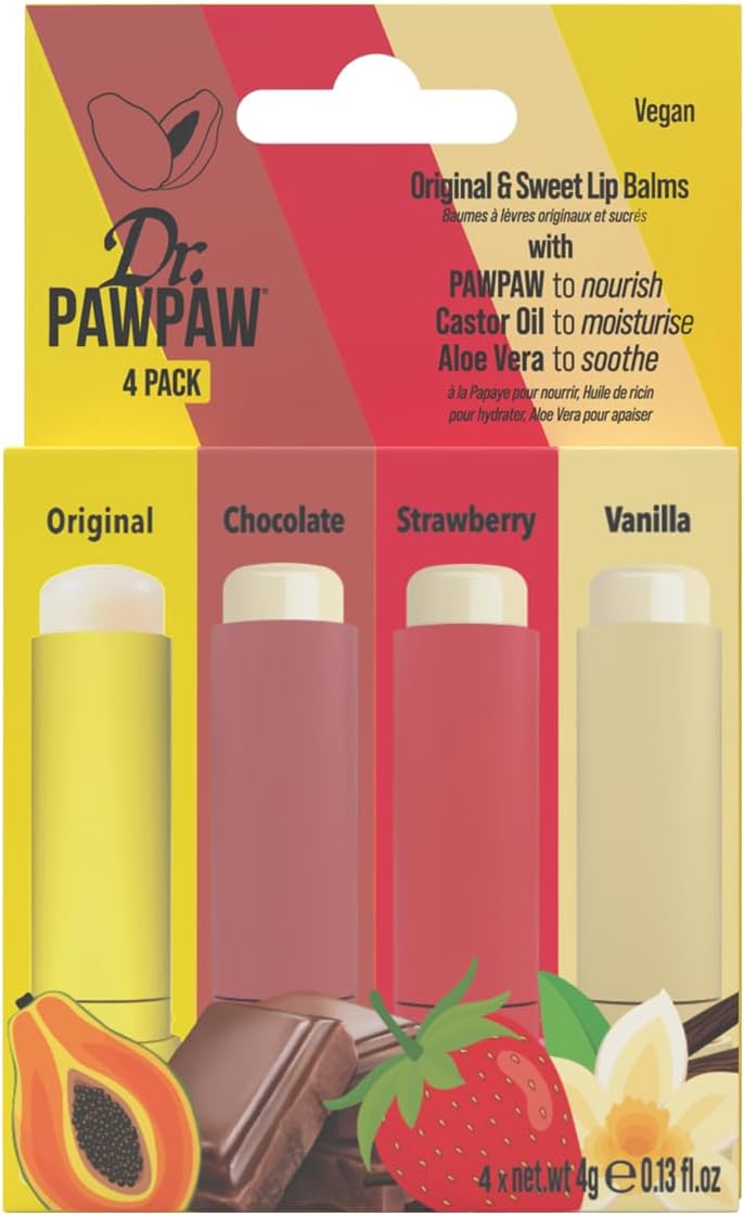 Dr.PAWPAW Sweet Multipack Lip Balm 4g Each, Original, Strawberry, Chocolate, and Vanilla, Natural Pawpaw Vegan Lip Care for Soft Smooth Lips, Travel Friendly Lip Balm Set