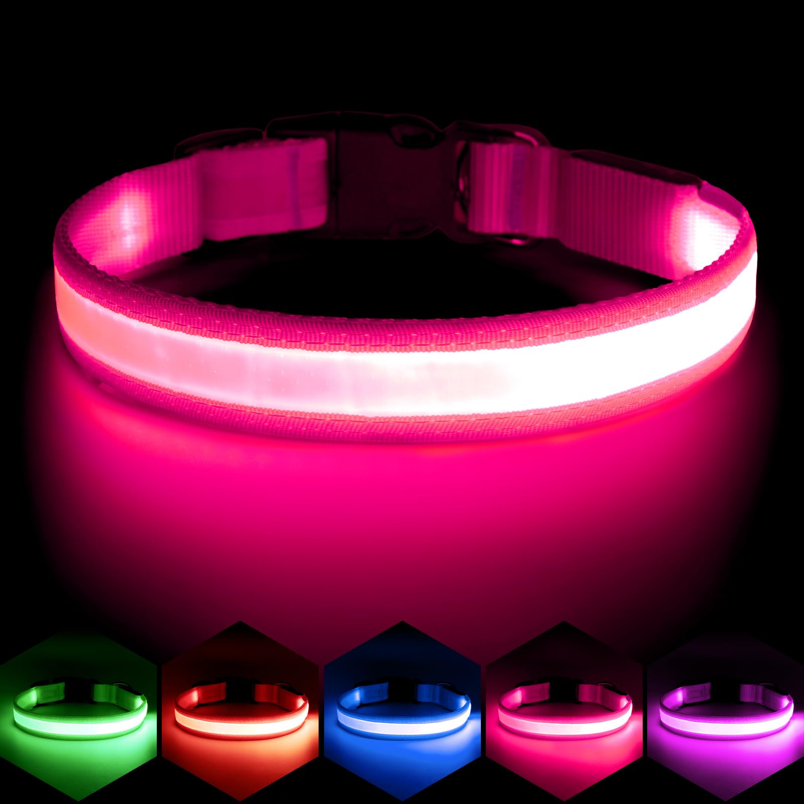 Vizpet Collar de perro con luz LED, ajustable, recargable por USB, súper brillante, luz de seguridad brillante para perros (mediano, rosa)