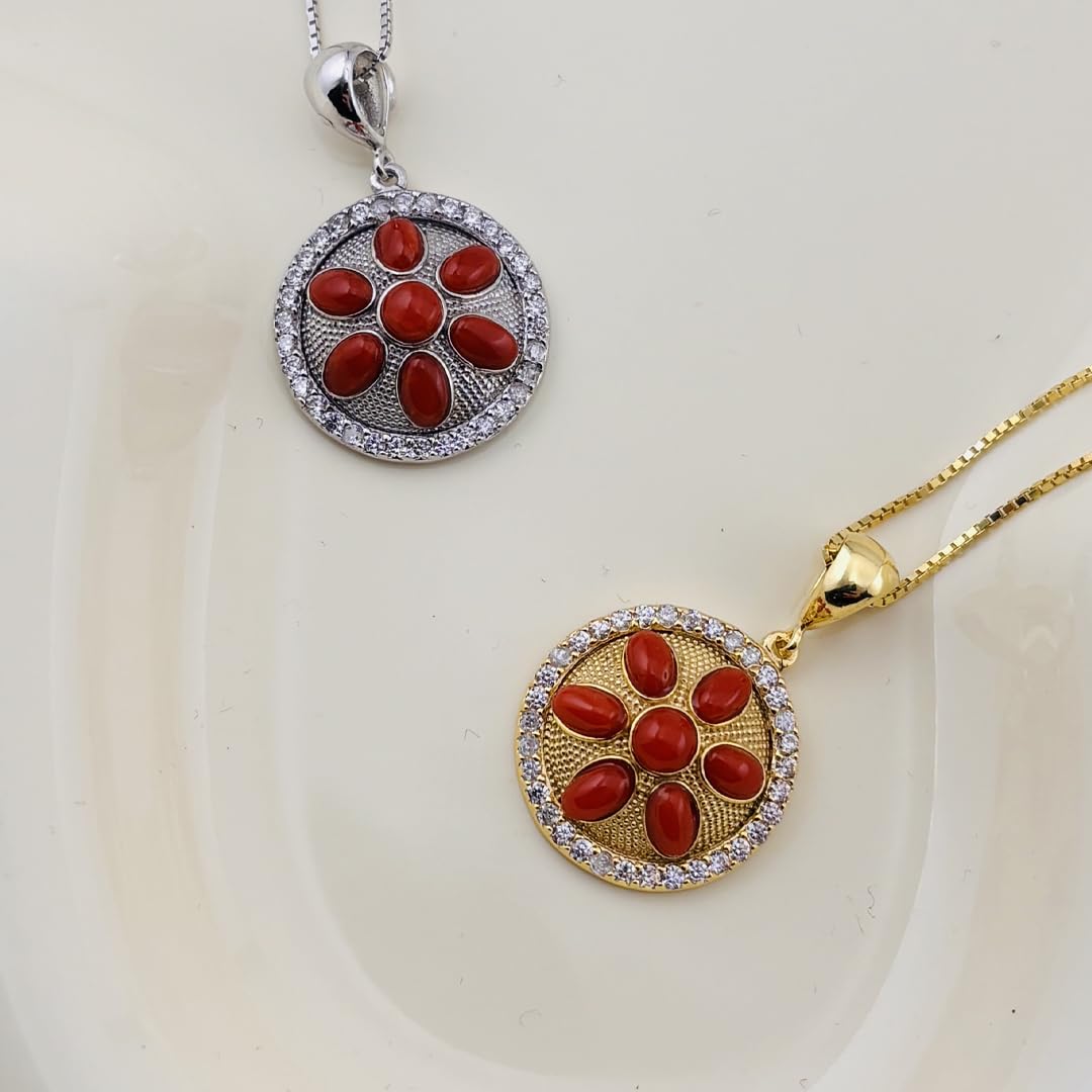 Ciondolo elegante tondo in argento 925 dorato con corallo rosso naturale del Mediterraneo catenina veneziana 45 cm gioiello donna ragazza elegante artigianale
