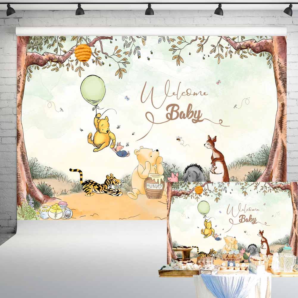 Welcome Baby Vintage Pooh Bear Baby Shower Backdrop Classic Green Balloon Neutral Party Decorations Newborn Birthday Background 7x5 ft 166