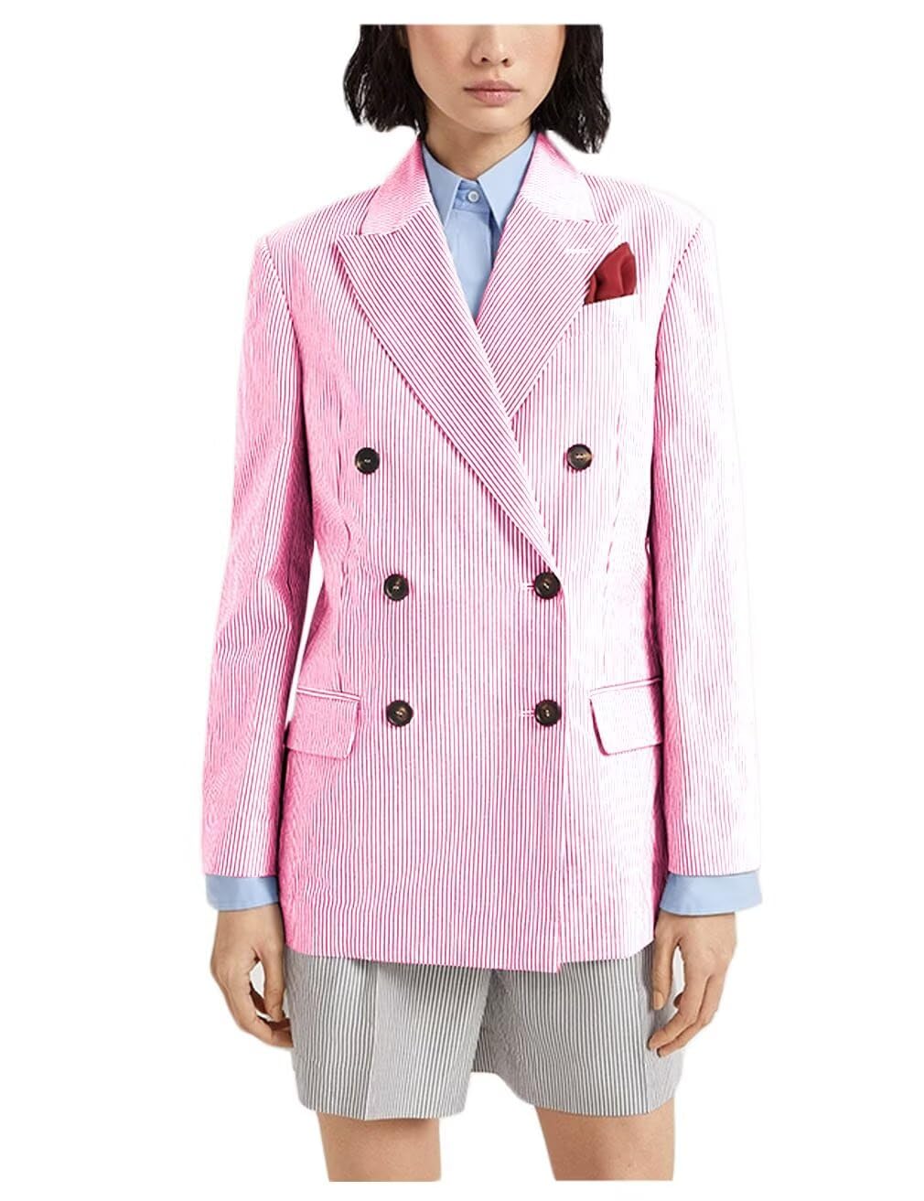 Womens Seersucker Stripes Blazer for Work Office Double Breasted Peak Lapel Lightweight Business Jackets