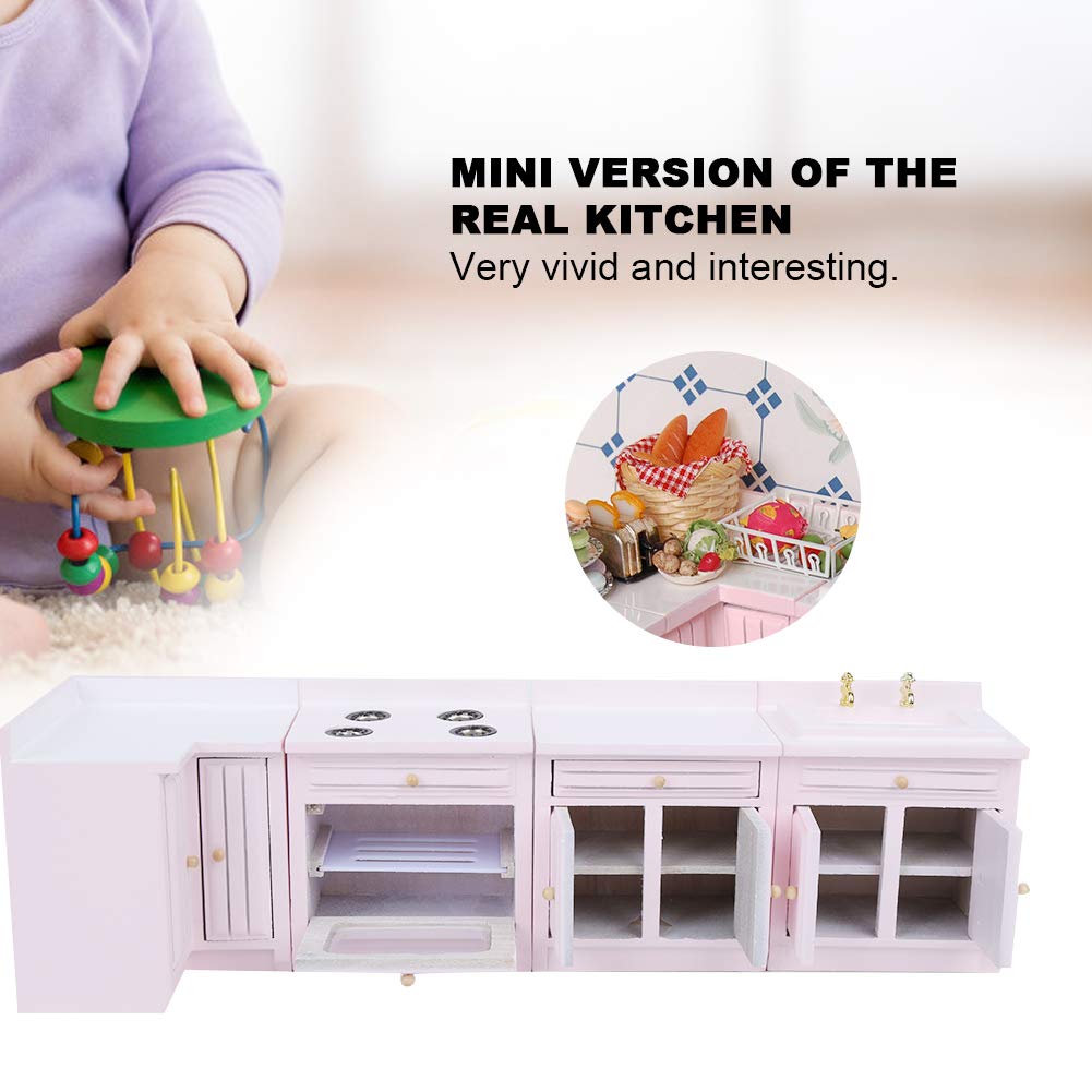 Hidyliu Casa delle Bambole in Legno Mobili da Cucina Integrali Casa in Miniatura Carina Artigianale per Ragazze Rosa (Combinazione di mobili da cucina)