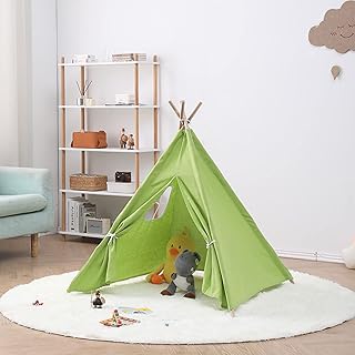 Teepee Tent for Boy and Girls Indian Teepee Play Tent Indoor Outdoor Playhouse Tents Outdoor Play Castle Toy Tipi with Wooden Poles for Indoor Reading Nook ,Outdoor Games (Green)
