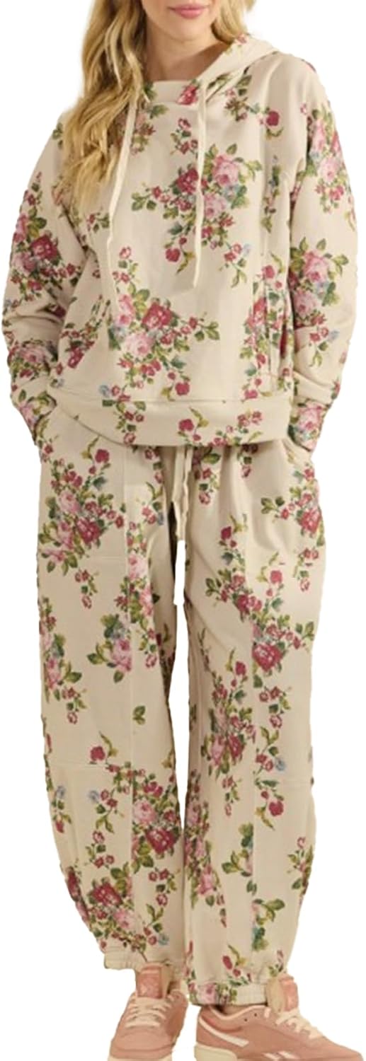 Mandonce Sweat Set for Women Long Sleeve Hooded Oversized Sweatshirt Drawstring Wide Leg Sweatpants Streetwear Athletic Sets