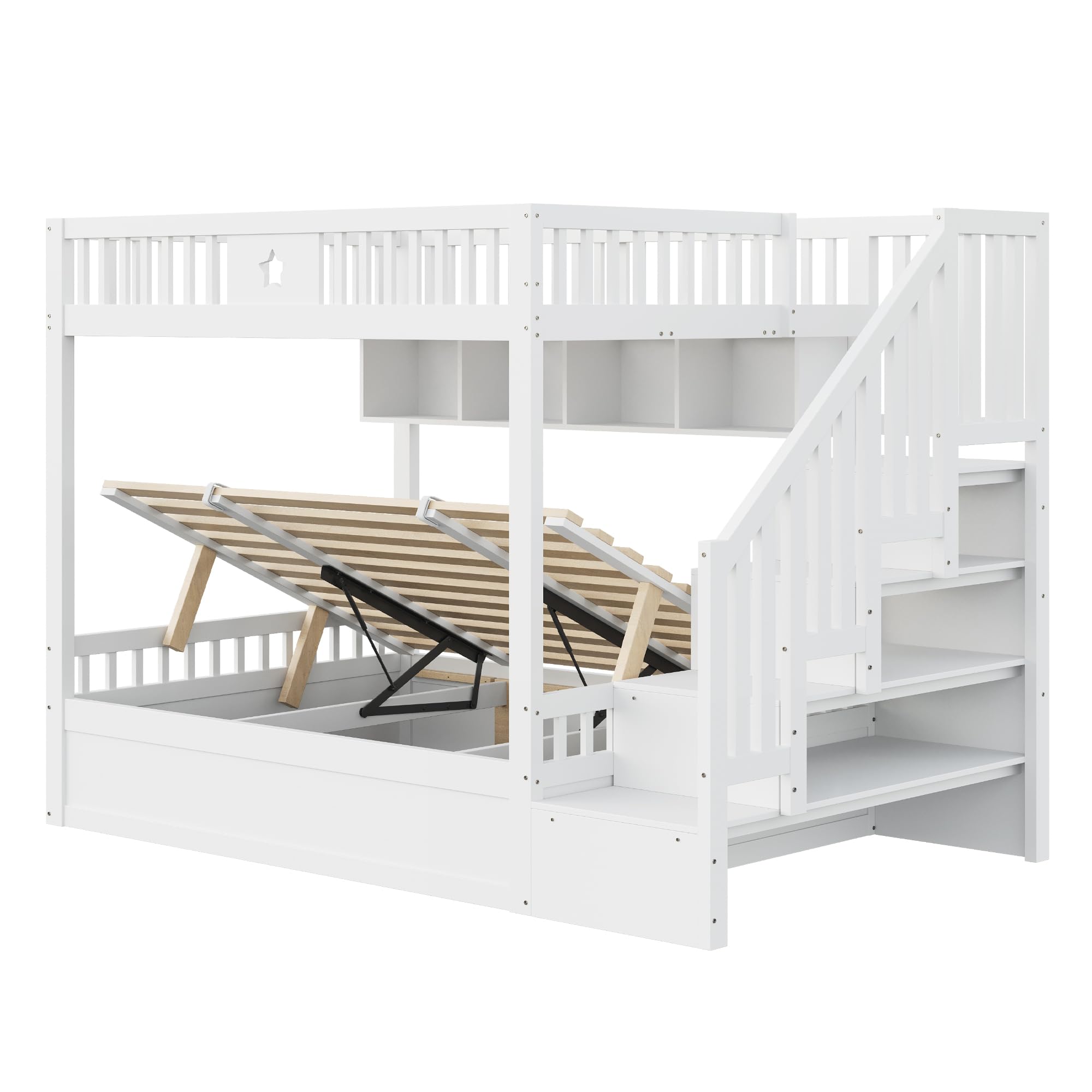 Merax Etagenbett 140x200 cm, Jugendbett mit hydraulischem Unterbett, Stauraumtreppe, Regale, Massivholz Kinderbett, Weiß (ohne Matratze)