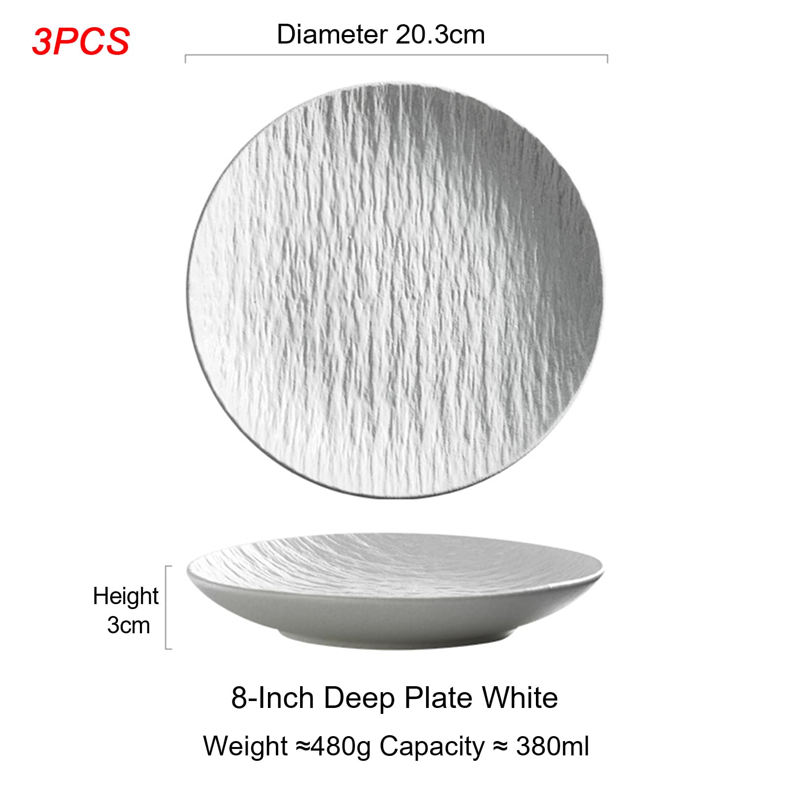 Dxcaicc Piatto Piano 8 Pollici 3 Pezzi Piatti Occidentali Smalto Opaco Rock Stone Pattern Delicato e Comodo da Toccare per Il microonde,Bianca,Deep Plate
