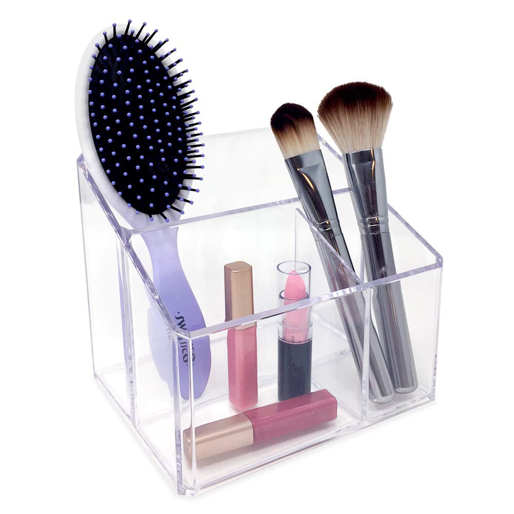 Isaac Jacobs Clear Acrylic 3-Compartment Organizer, Remote Holder & Multi-Functional Makeup, Brush, Pen & Pencil Storage Solution, for The Home, Bathroom, Office, Child’s Desk (3-Section, Clear)