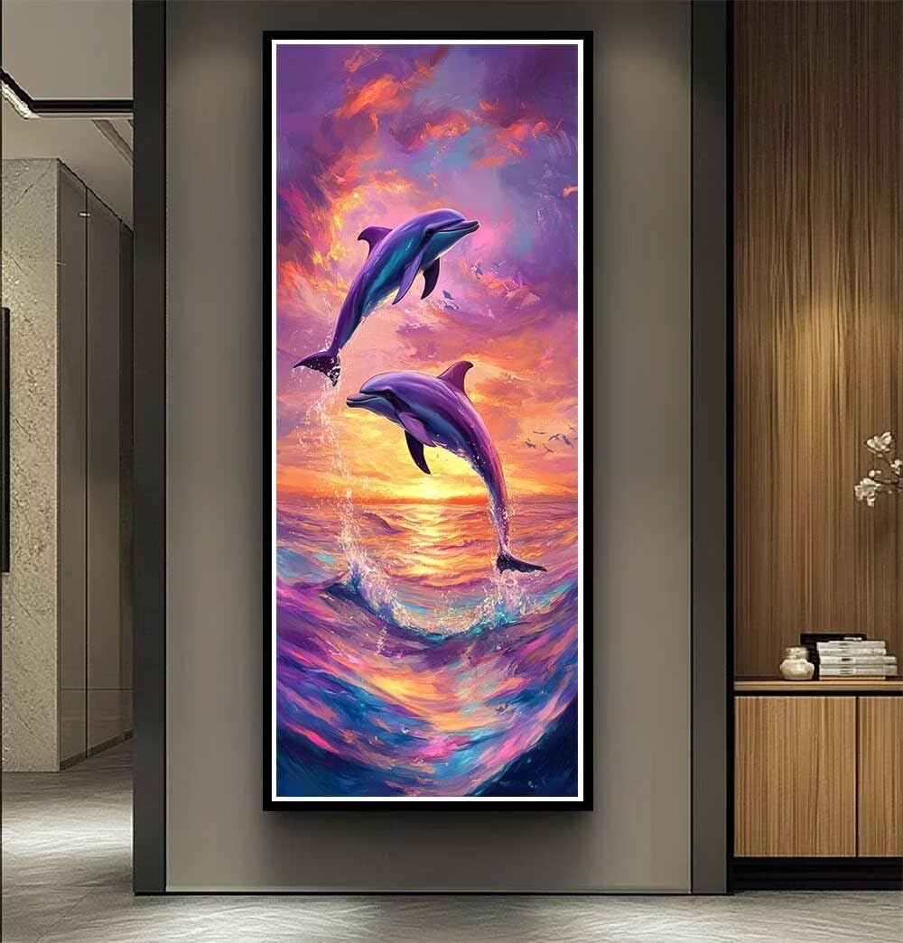 Dolphins Diamond Art Kits Adults Large 5D Twilight Landscape Diamond Painting Kits, DIY Full Drill Crystal Art Craft Rhinestone Embroidery Cross Stitch for Adults 39.4x78.7 Inch/100x200 cm -LR1092