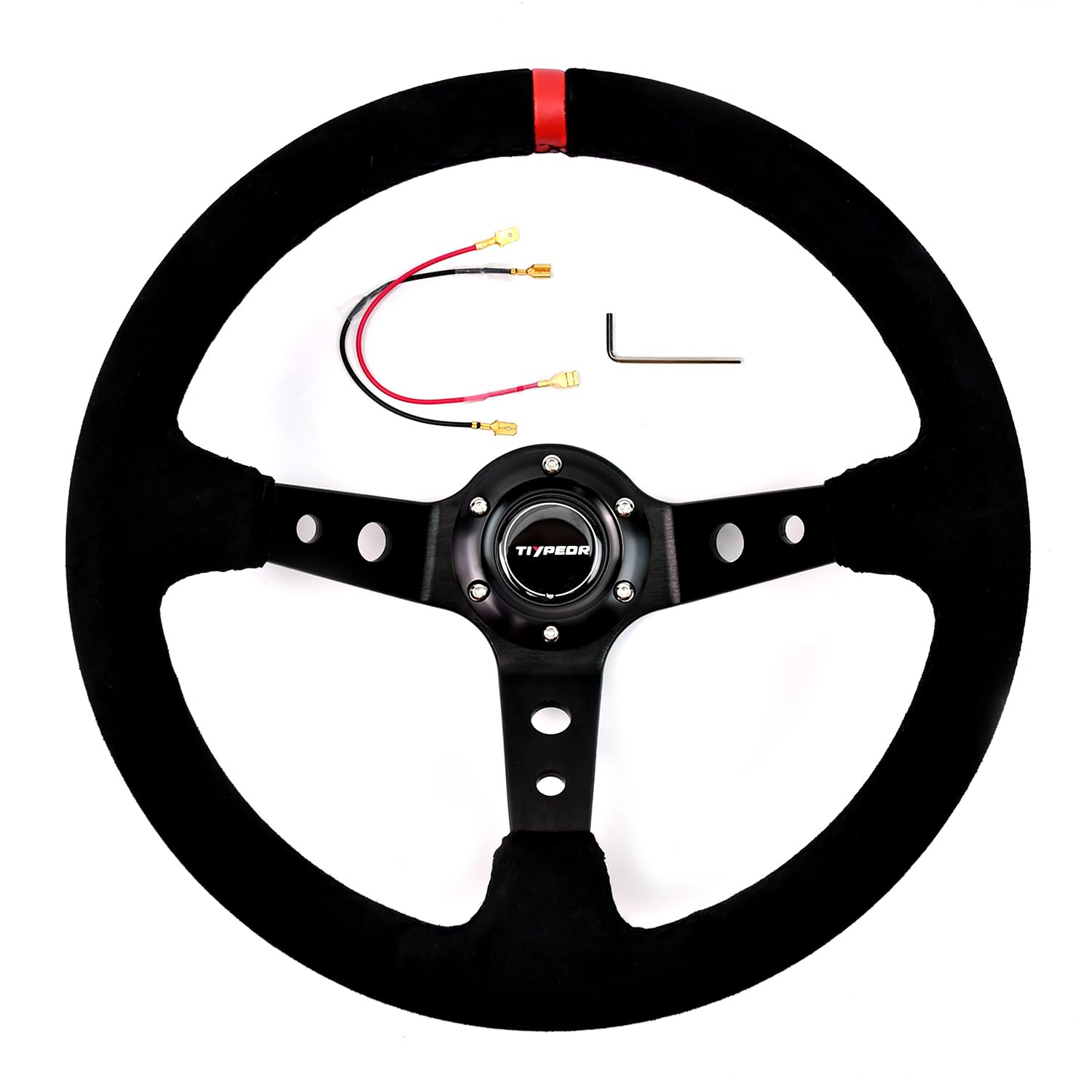 Volante de carreras universal de 350 mm/14 pulgadas, con agarre de 6 tornillos, empuñadura de gamuza, diseño cóncavo profundo (3"), botón de bocina