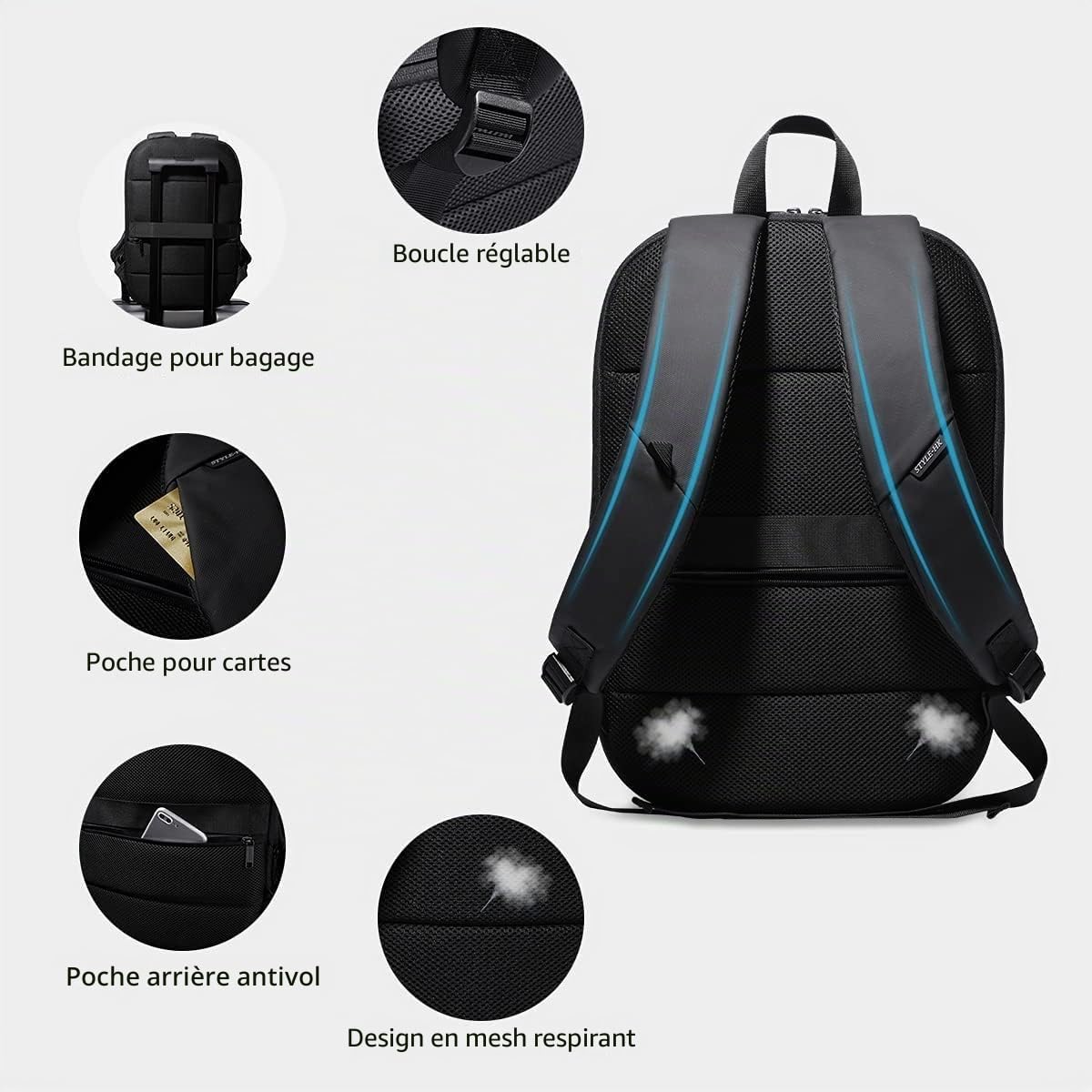 Sac à Dos Ordinateur Portable 15.6 Pouces | Léger et Extensible Antivol Imperméable Fonctionnel pour Homme Elegant pour Loisirs Affaire Scolaire Zips YKK 20L (Noir)