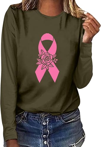 Breast Cancer Awareness Tops for Women Cute Long Sleeve Pink Ribbon Print Shirts Causal Crewneck Tshirt Blouse