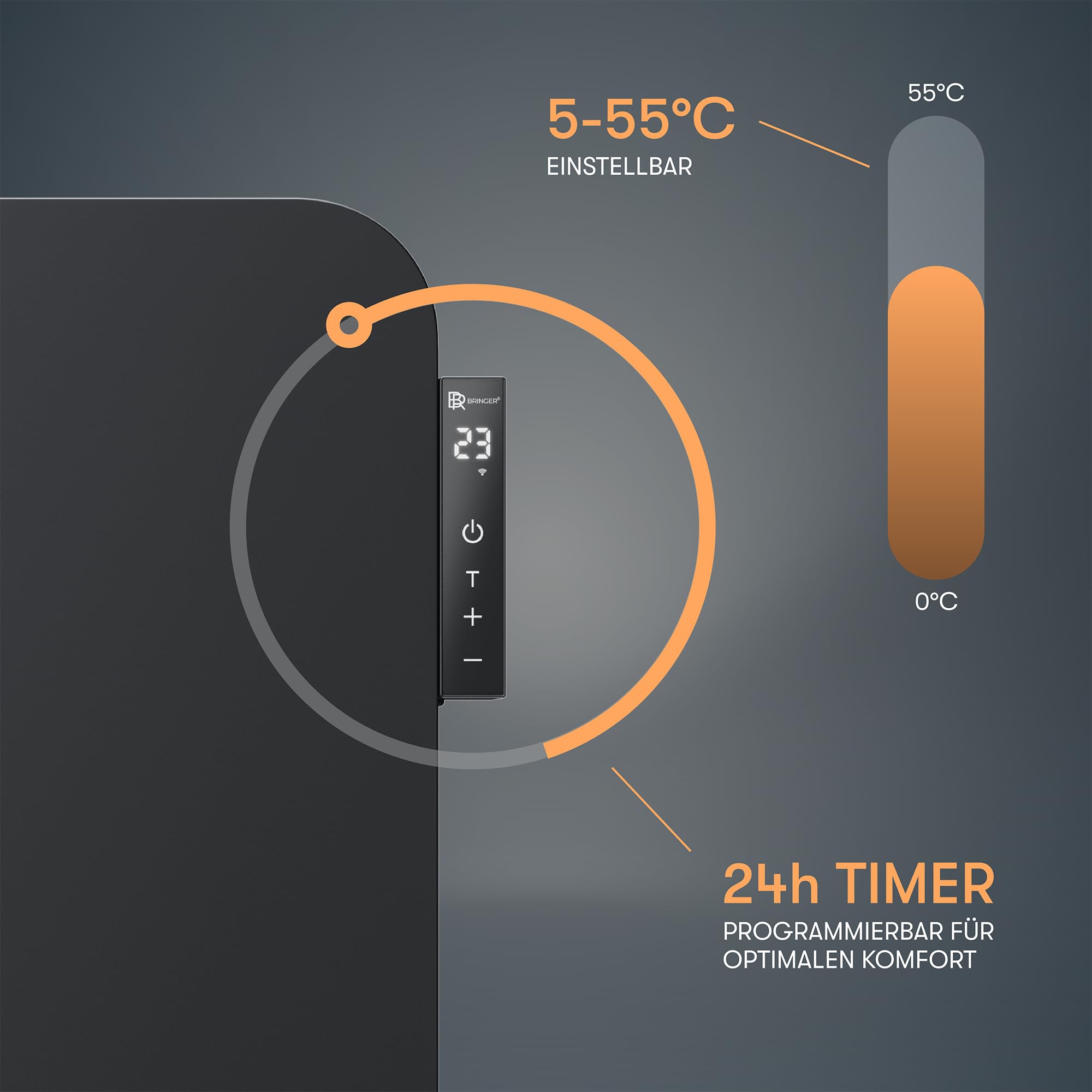 BR Bringer radiatore elettrico a infrarossi 450 watt con termostato intelligente e telecomando, WIFI e app - per montaggio a parete o utilizzo mobile, risparmio energetico (nero)