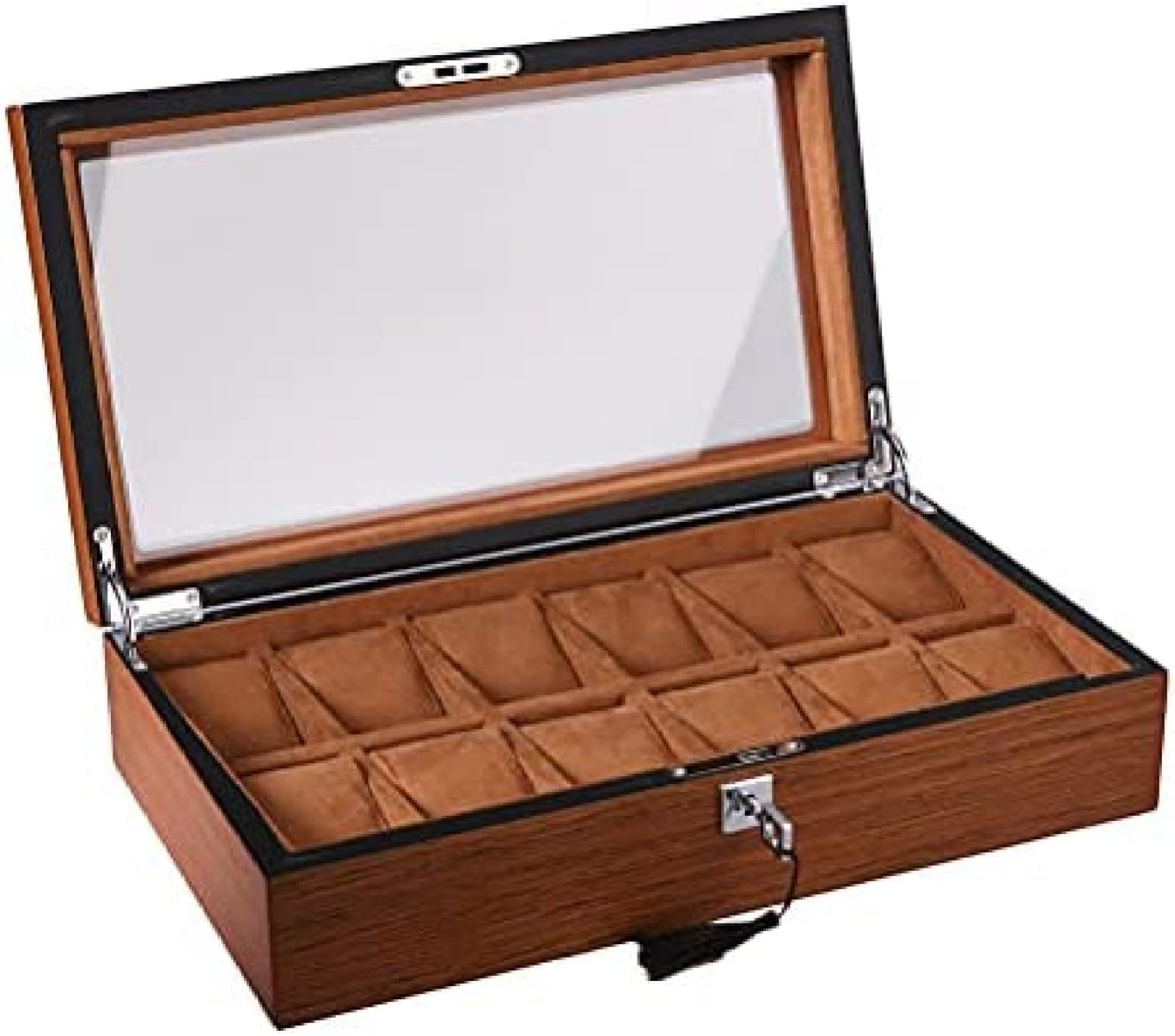 YNBSHGAA Wooden Watch Box for 12 Watches, Lockable Watch Display Holder Case with Glass Lid, Removable Watch Pillow, Watches Jewellery Storage Box for Men Women
