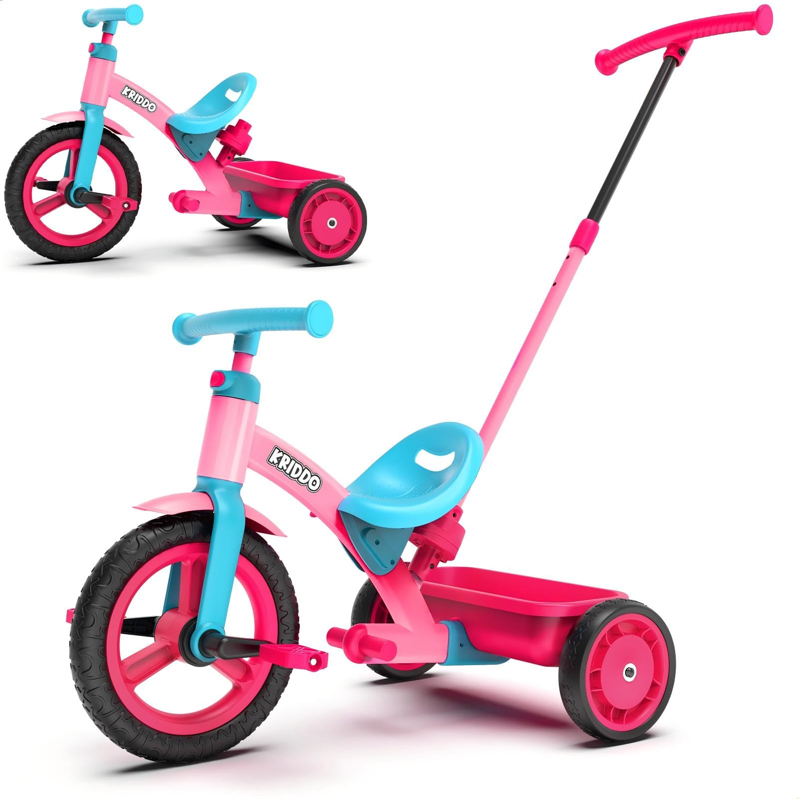 KRIDDO 3-in-1 Toddler Tricycle for Kids 18 Months to 3 Years, Tricycle for 2 Years with Parent Steering, Extra Wide Seat, Large Basket, Easy-to-Carry Seat, Gift for Boys and Girls Age 2-3, Pink