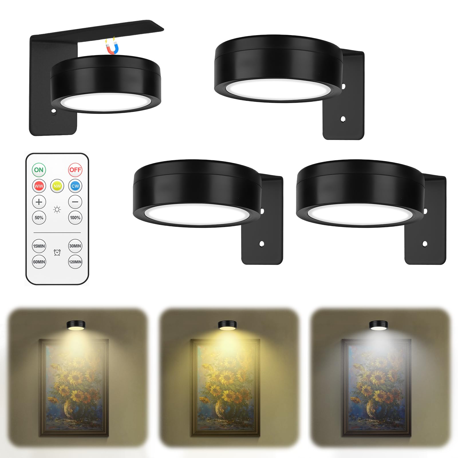 runpeak 3Pcs Picture Lights for Wall - Battery Operated Wall Lights, LED Stick on Wall Lights for Display Art Paintings, Magnetic Painting Light with 3 Light temperatures and Adjustable Brightness