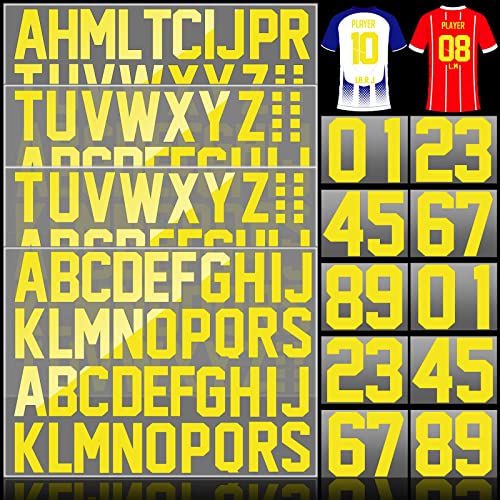 Outus 18 Sheets 216 Pcs Iron on Letters and Numbers for Clothing,8 Inch 0-9 Iron on Numbers & 2 Inch A-Z Heat Transfer Vinyl Letters Alphabet Patches for Jersey Fabric T-shirt DIY Craft Sports(Yellow)