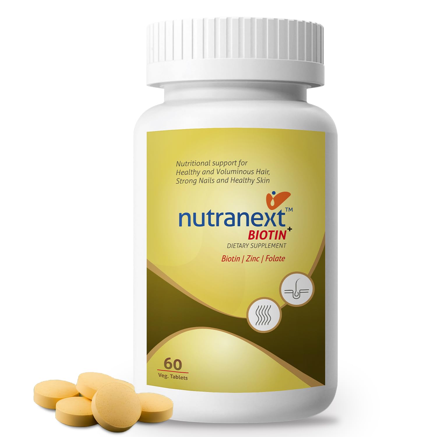 Natural Biotin Plus, Zinc & Folic Acid 60 Tablets, Supplement Helps Hair Growth, Strong Hair, Glowing Skin & Nails For Men Women