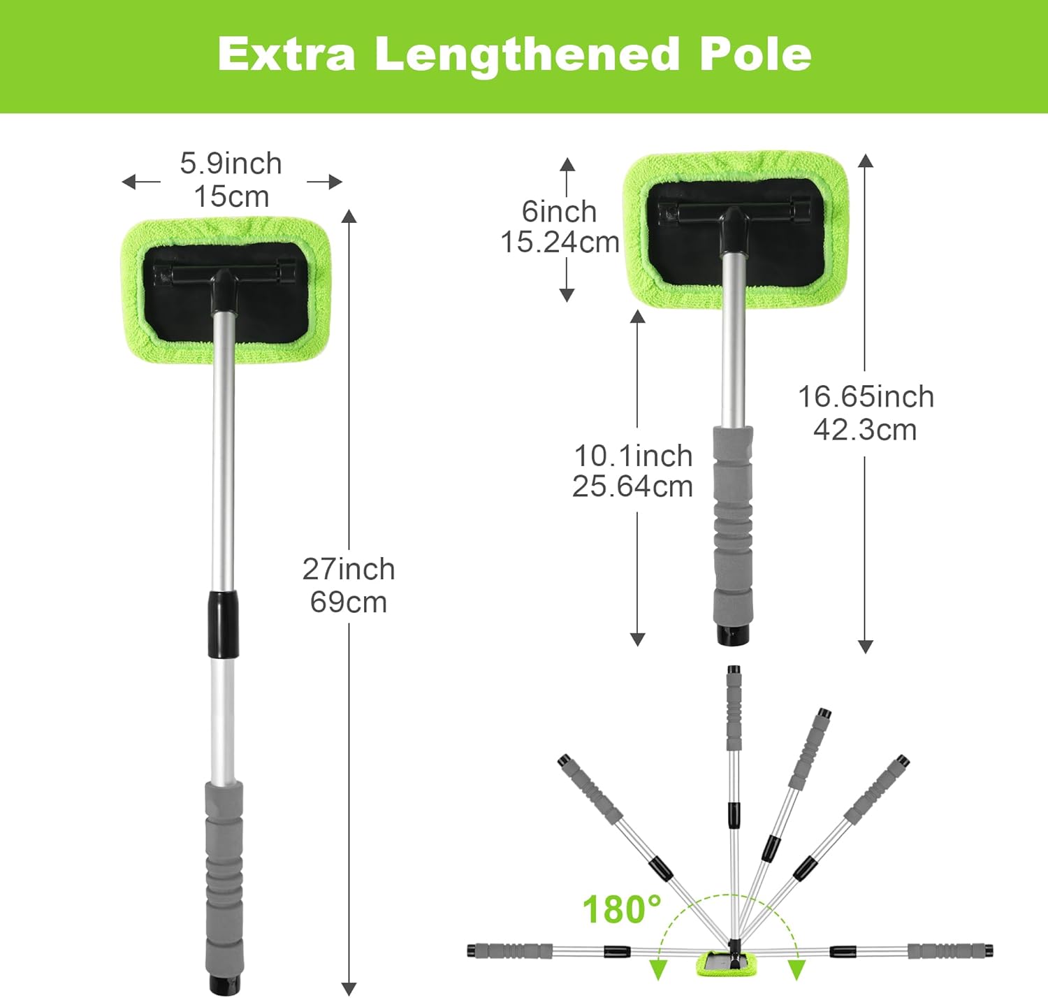 XINDELL Car Window Cleaning Combo – 27" Windshield Glass Cleaner Tool with Extendable Handle & 14 Reusable Microfiber Pads for Interior/Exterior Glass, Streak-Free Car Window Cleaning for Car Owners
