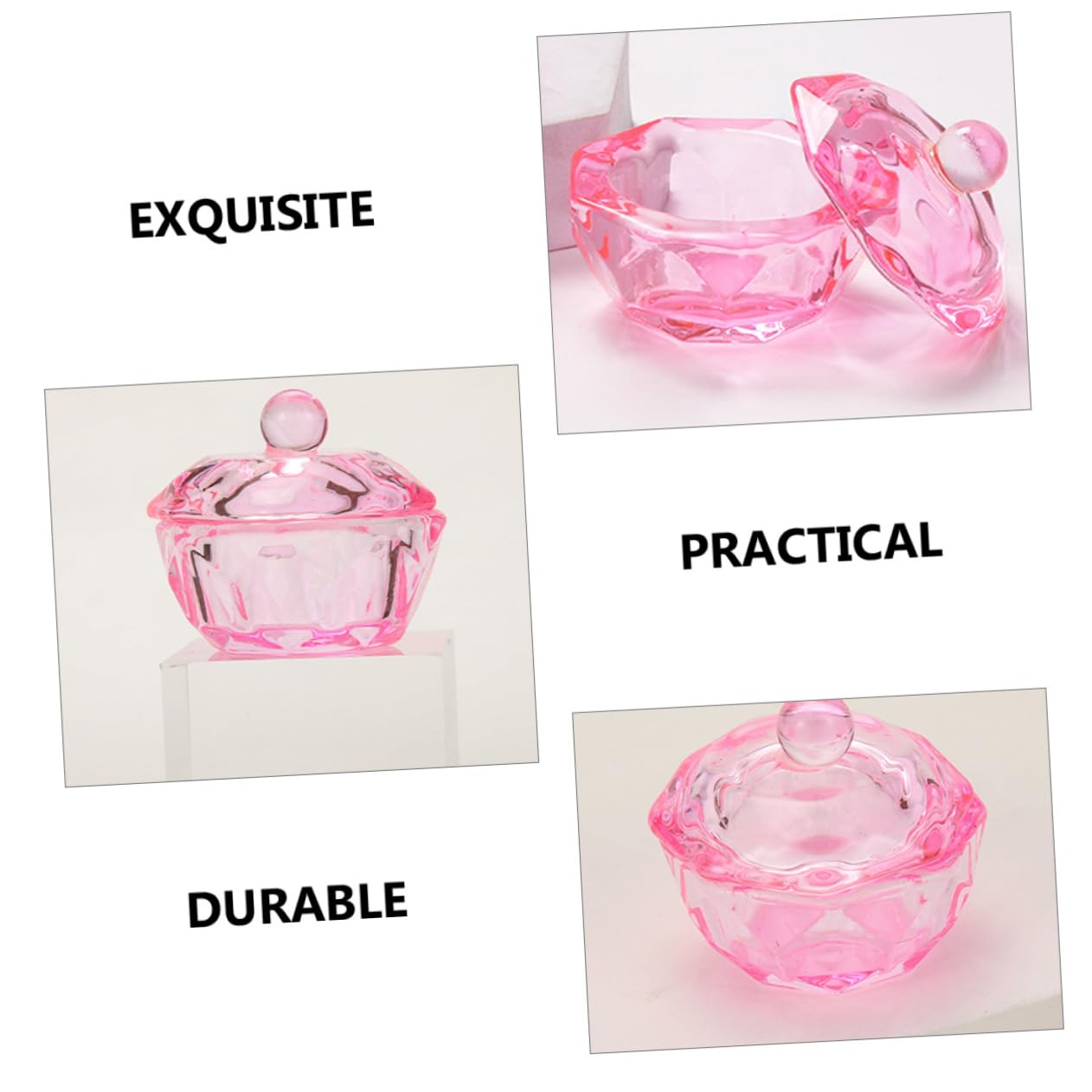 BIUDECO 2pcs Pink Crystal Glass Nail Holder Container Acrylic Powder Storage Lid