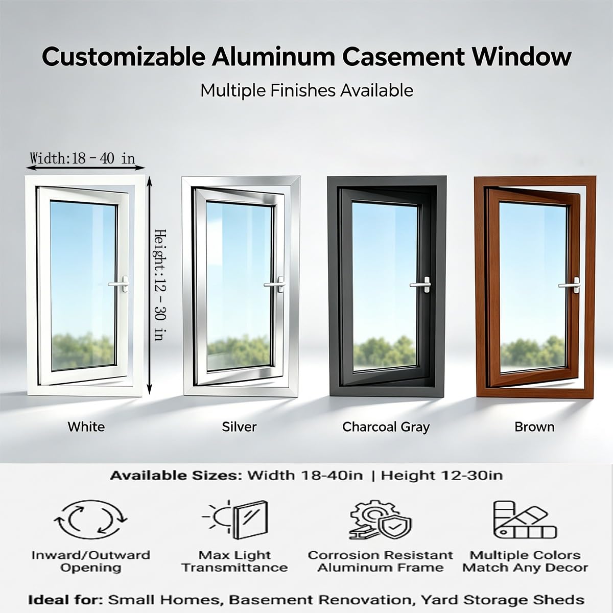 Ventana abatible de aluminio para sótano, doble cristal resistente de repuesto para cobertizo, ventilación suave para dormitorio y baño(Left Push Brown,19x21")