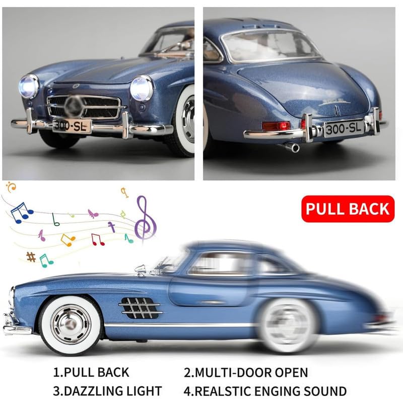 Image of Kids Model 1:24 Vintage 300 SL Classic Die Cast Metal Car Pull Back Action Opening Doors with Realistic Engine Sound Lights Toy Car Gift for Boys - Blue