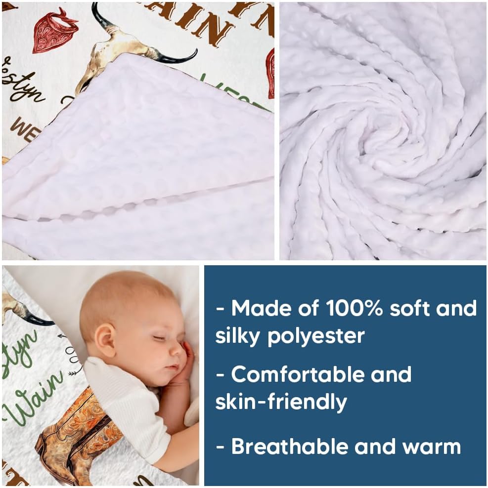 Personalized Name Minky Baby Blankets for Boys, Western Baby Stuff, Soft Plush Receiving Minky Blanket Double Layer with Dotted Backing for Infant Toddler Crib, Western Nursery Decorations (02)