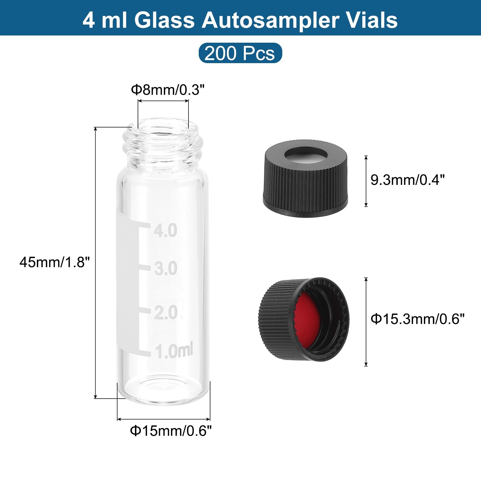 PATIKIL Vial Da 4ml Per Autosampler, Confezione Da 200 Con Setta Preforata Per HPLC/GC Vials 9-425 Vial Da Laboratorio Trasparenti Con Tappo A Vite.