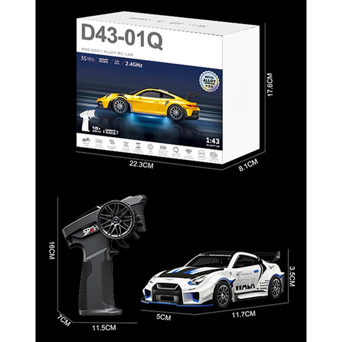RC Drift Car 1:24 – 20 Km/h, 2.4G 4WD, Luci LED, Pneumatici Intercambiabili, Batteria 500 MAh, Con 4 Blocchi Stradali