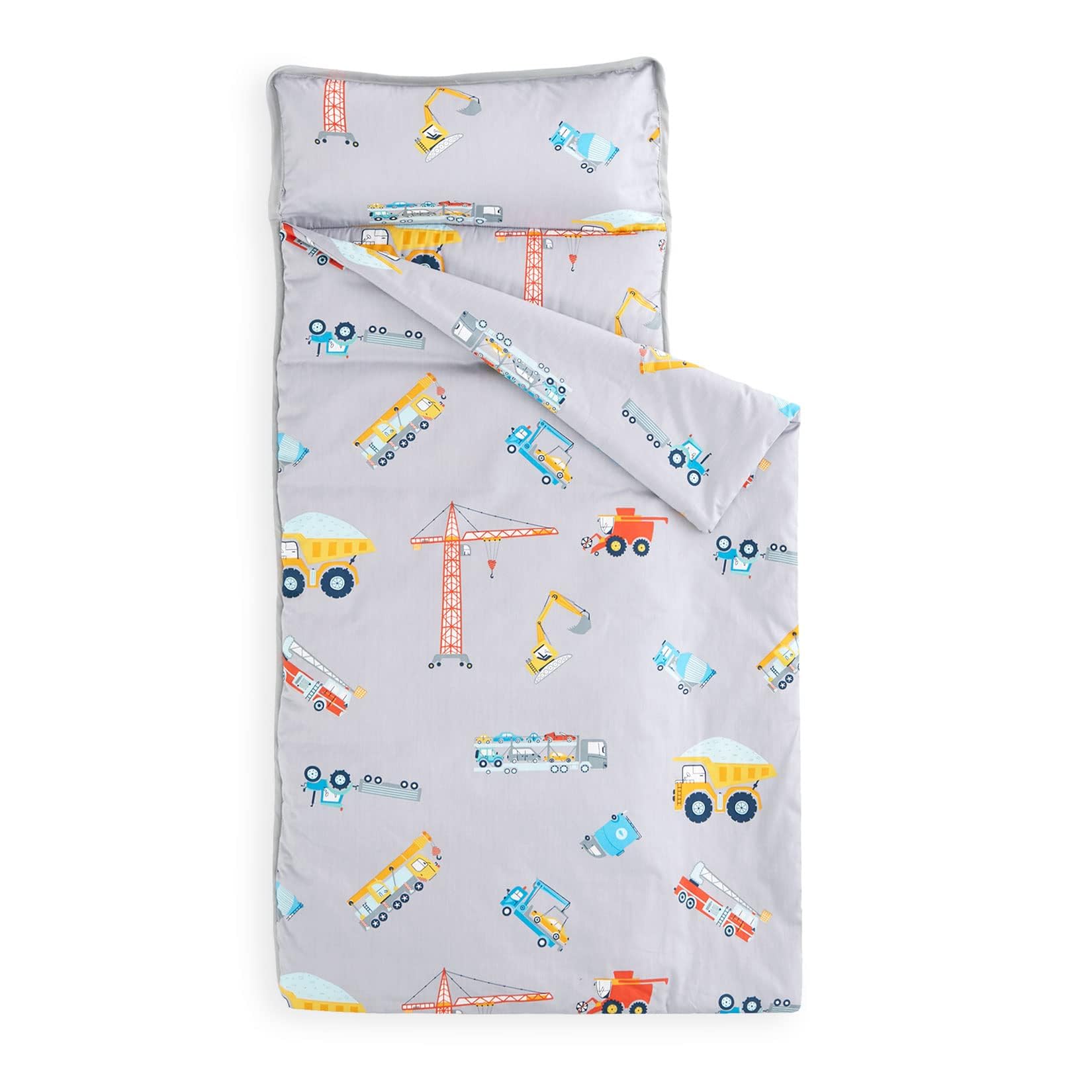 Wake In Cloud - Toddler Nap Mat with Pillow and Blanket, 100% Cotton Fabric, for Kids Boys Ages 3 Plus in Daycare Kindergarten Preschool, Cars Cranes Trucks, Gray, Standard
