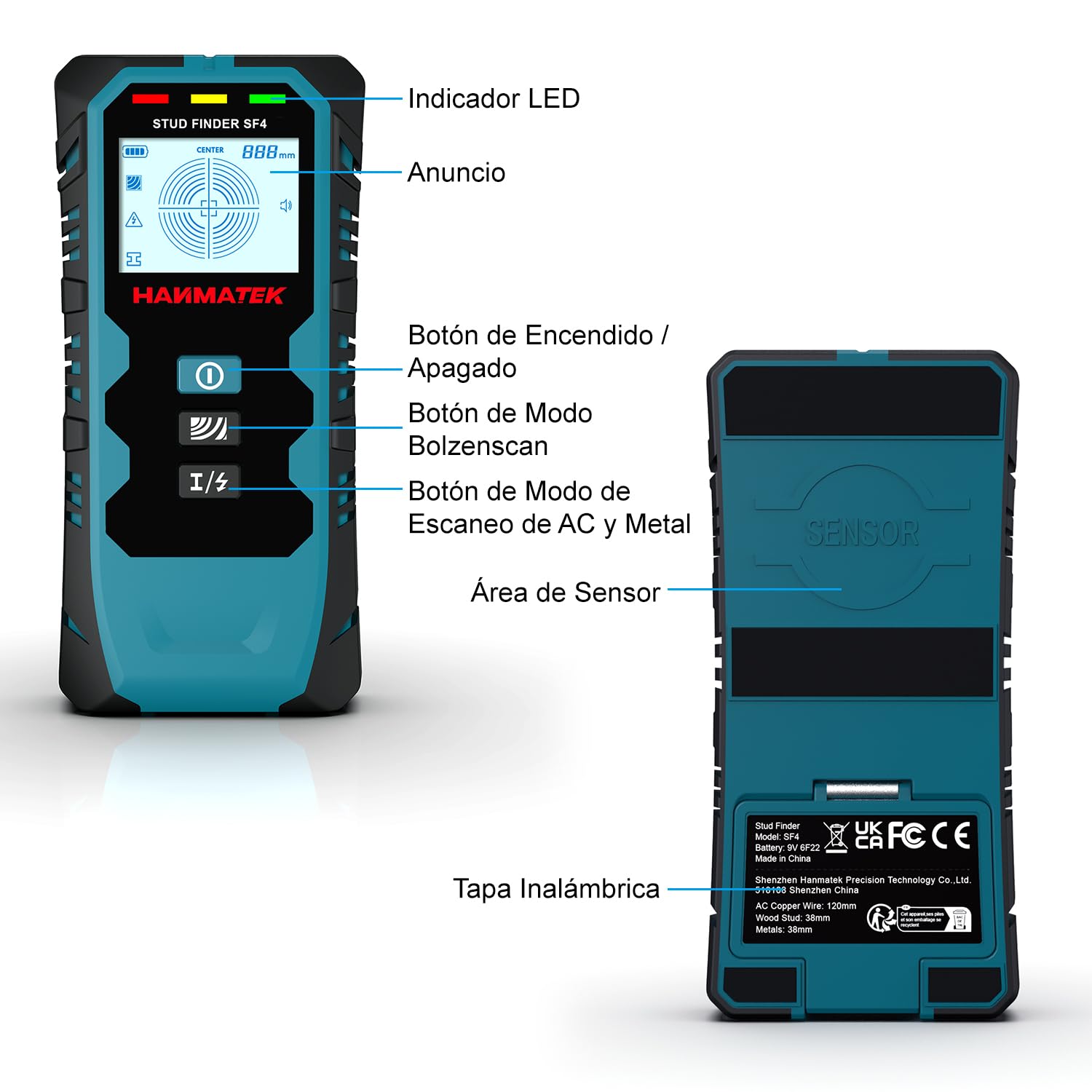 HANMATEK Detector de Vigas y Metales 5 en 1 con Sensor Inteligente, Escáner de Pantalla LCD HD y Alarma Sonora - Escáner de Pared para Metales, Cables CA, Madera y Tuberías - SF4