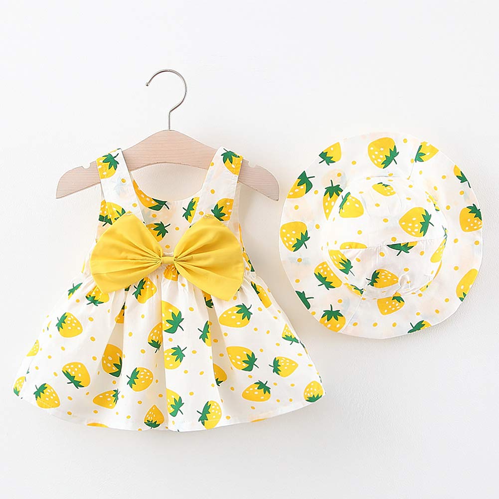 OBEEII Baby Girl Strawberry Tank Dress Hat Set Sleeveless Backless Summer Party Dresses Playwear Sunsuit Princess Gala Celebration Strawberry Yellow 2-3T