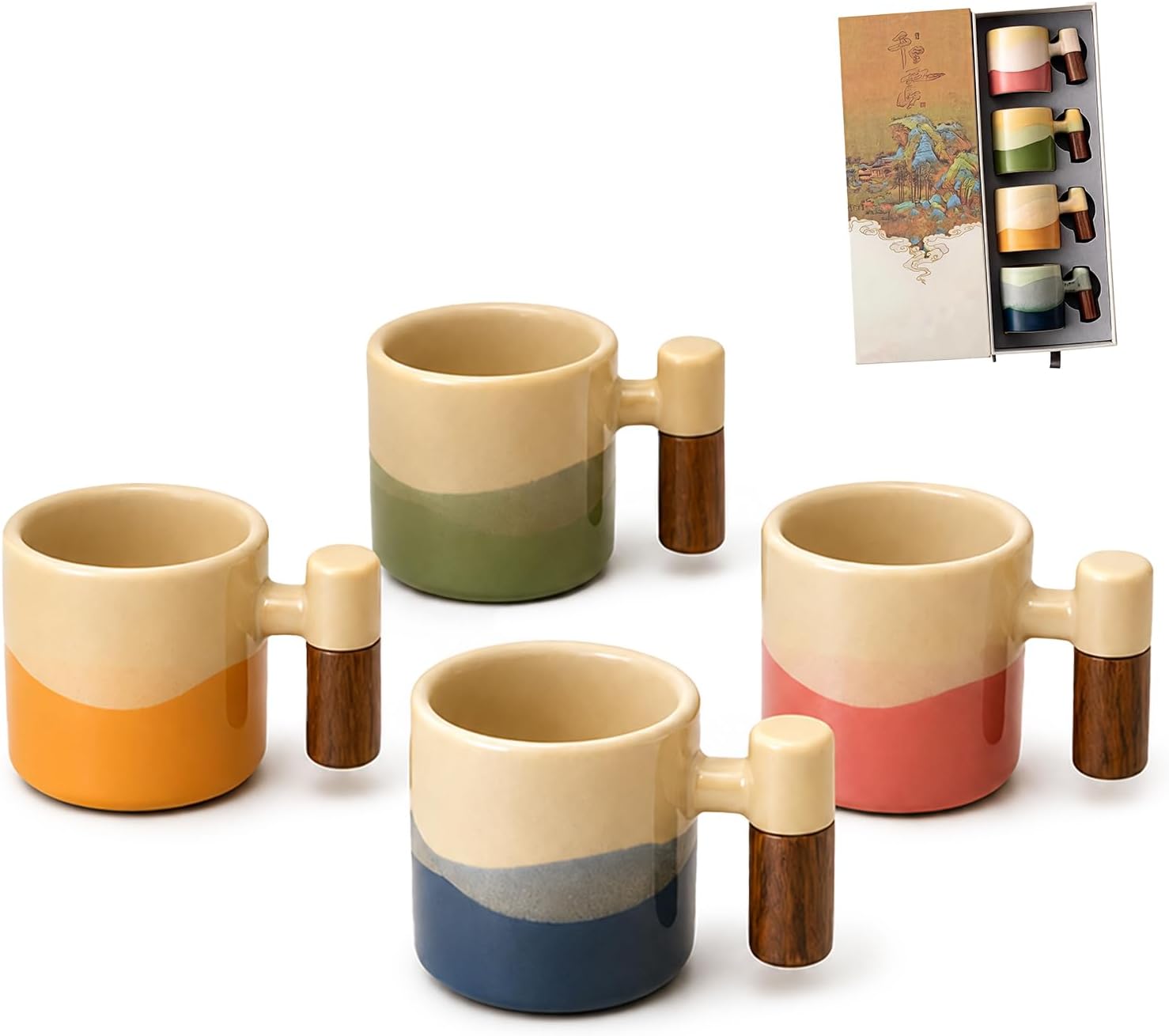 Gradient Ceramic Demitasse Espresso Cups Set Of 4 Wooden Handle 2.87 Oz Cute Small Ceramic Cup Gift Box For Home Cafe Office Holiday Housewarming Present
