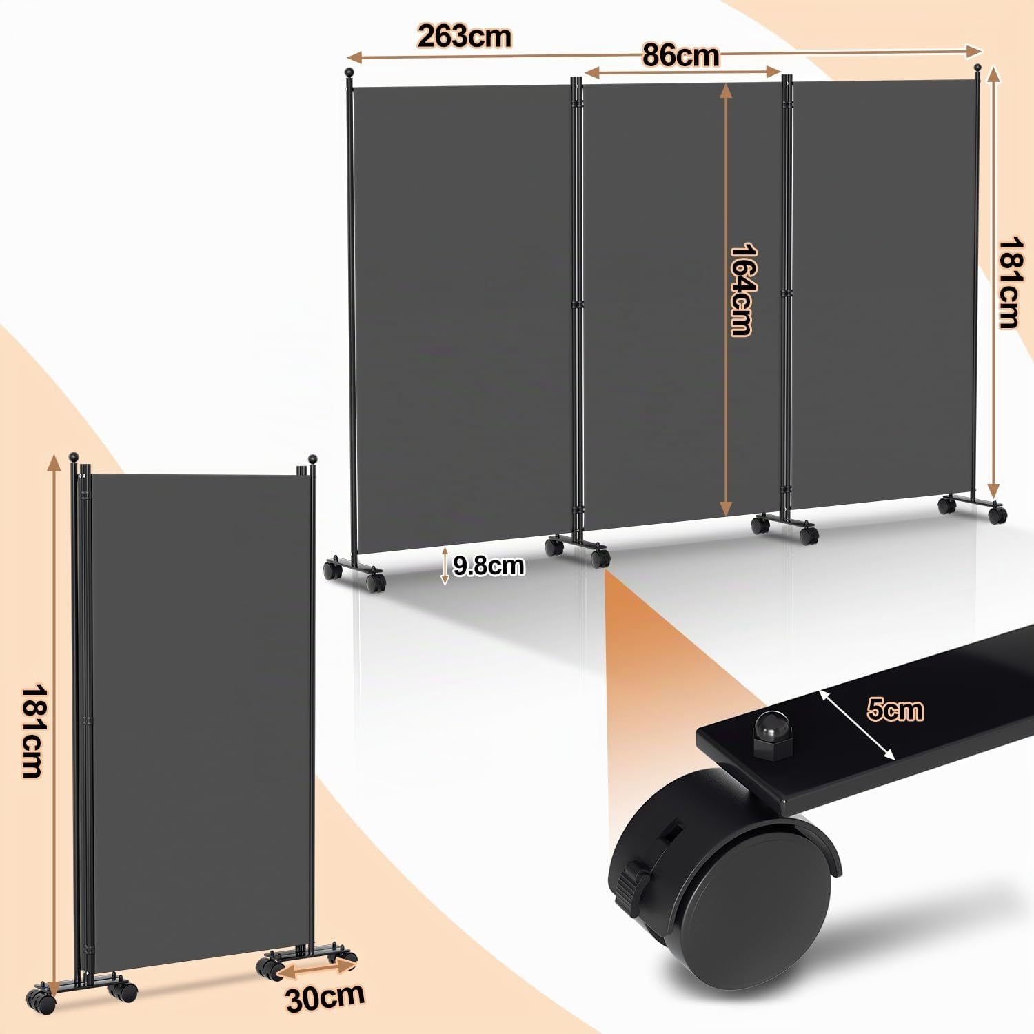 Fiqops Paravent pour extérieur, séparateur sur roulettes, 3 pièces, 263x181cm, paravent résistant aux intempéries, pour extérieur et bureau, couleur: anthracite