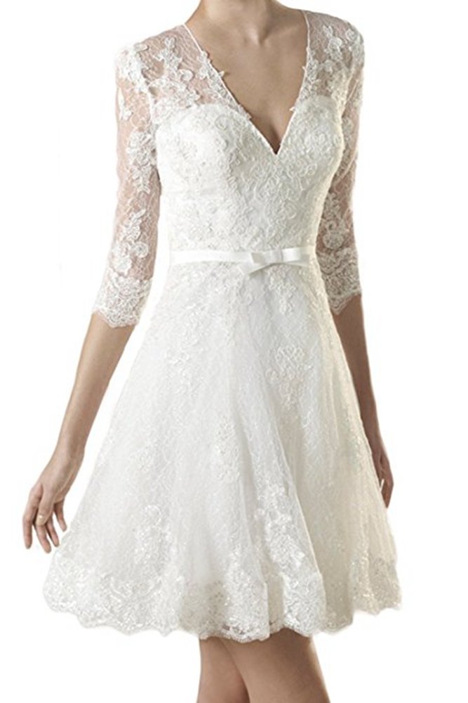 Women's Vintage V Neck Long Sleeves Tea Length Short Wedding Dress