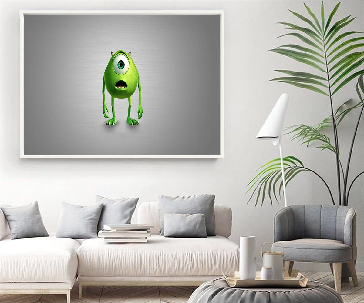 VERRE ART White Floater Framed Canvas - Wall Decor for Living Room, Bedroom, Office, Hotels, Drawing Room (34in x 22in) - Monsters Inc Mike Wazowski Shocked